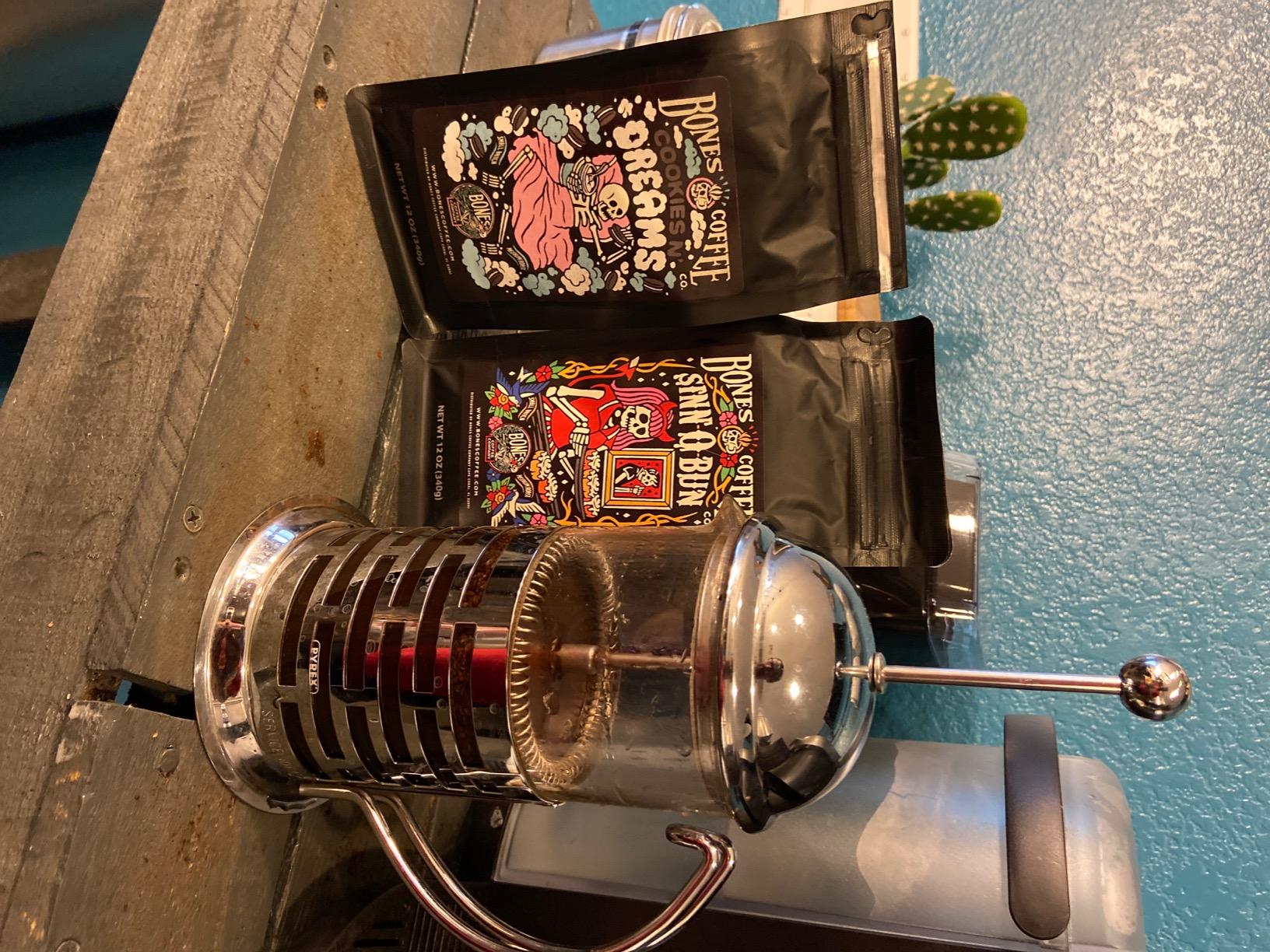 Bones Coffee Company Cinnamon Roll Flavored Coffee, Medium Roast Low Acid Arabica Beans, 12 Oz Whole Bean customer photo 2