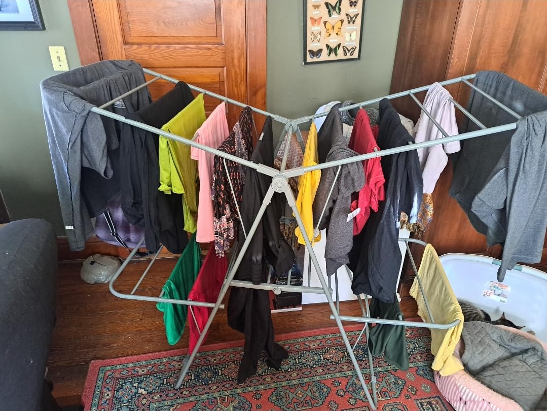 SONGMICS Clothes Drying Rack, Foldable 2-Level Laundry Drying Rack, Free-Standing Laundry Airer, with Height-Adjustable Wings, 33 Drying Rails, Sock Clips, Silver and Blue ULLR53BUV1 customer photo 1