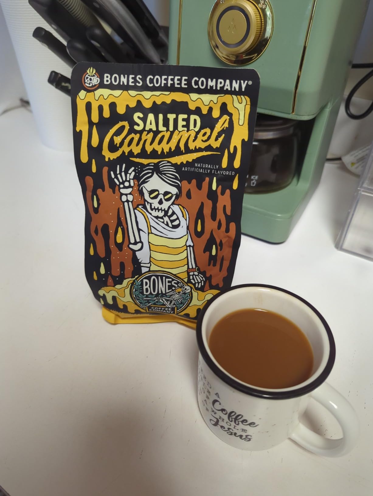 Bones Coffee Company Salted Caramel Flavored Coffee, Medium Roast Low Acid Arabica Beans, 12 Oz Whole Bean customer photo 1