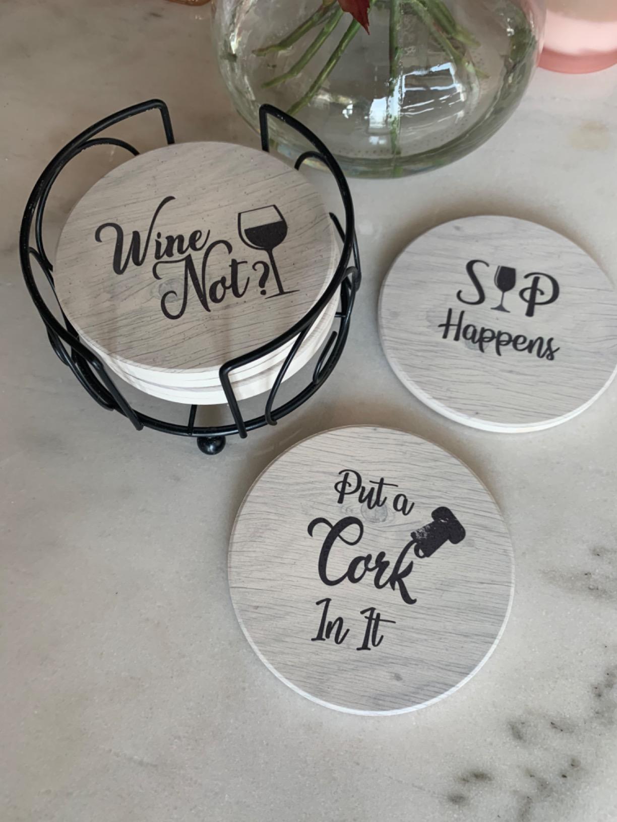 Coasters for Drinks Absorbents with Holder - 6 Pcs Gift Set with 6 Funny Sayings for Wine Lovers - Ceramic Stone with Corked Back, Unique Present for Housewarming, Living Room Decor customer photo 1