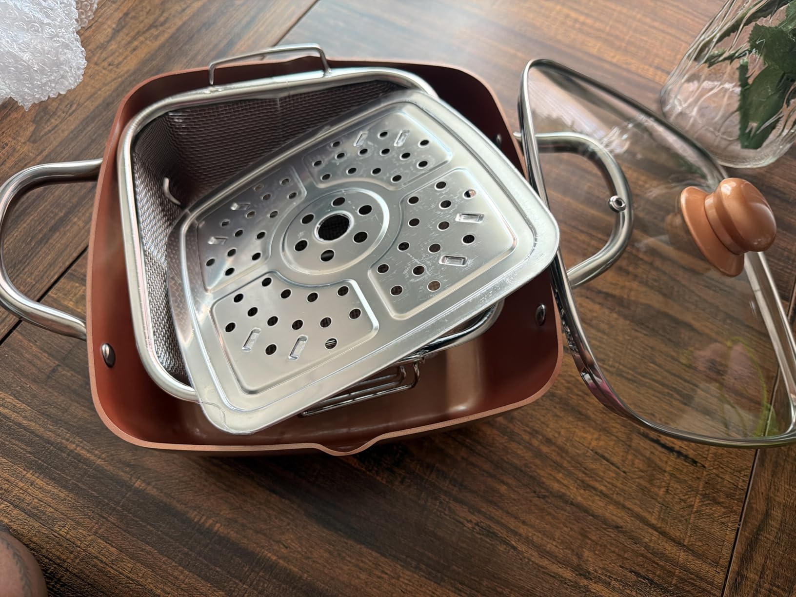 Moss & Stone 5 Pcs Copper Chef Cookware Non Stick Deep Frying Pan, Fry Basket, Steamer Rack, Dishwasher & Oven Safe, 5 Qt Deep Square Pan, Induction Copper Cookware Set - 9.5