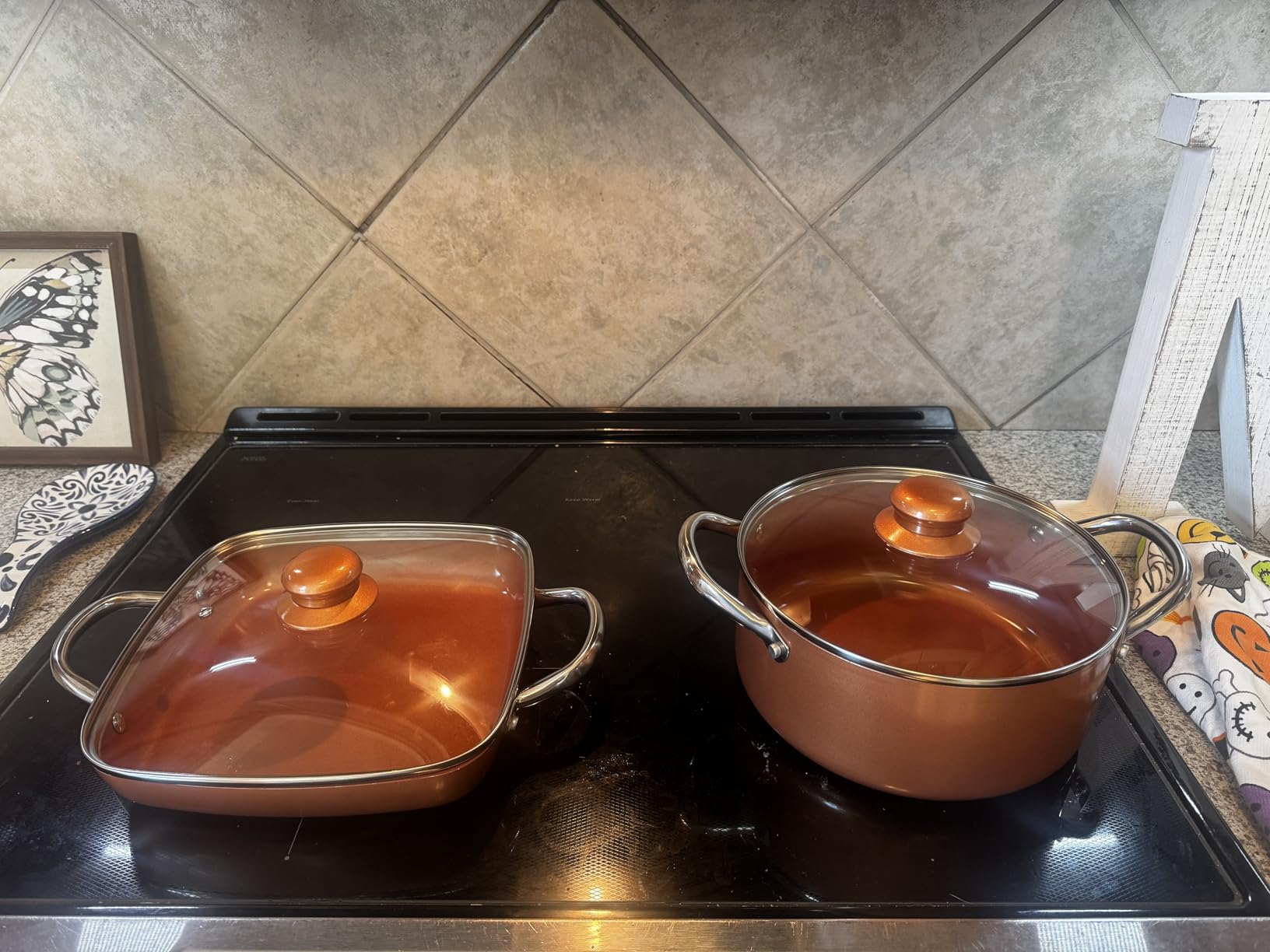 Moss & Stone 5 Pcs Copper Chef Cookware Non Stick Deep Frying Pan, Fry Basket, Steamer Rack, Dishwasher & Oven Safe, 5 Qt Deep Square Pan, Induction Copper Cookware Set - 9.5