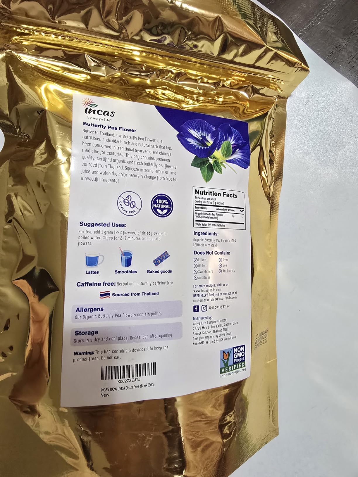 INCAS 100% USDA Organic Butterfly Pea Flower 4.41 oz (375+ Cups) DIRECT FROM SOURCE Thailand Non GMO Verified Dried Caffeine Free Gluten Free Vegan Rich in Antioxidants Free eBook customer photo 1