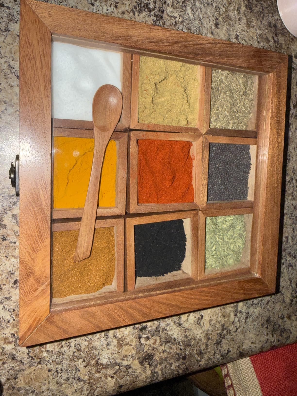 Ajuny Wooden Spice Box 9x9 Inch - Decorative Masala Dabba Organizer with Glass Lid, 9 Compartments & Spoon, Spice Storage Container, Ideal for Seasonings & Herbs, Perfect for Gift customer photo 1