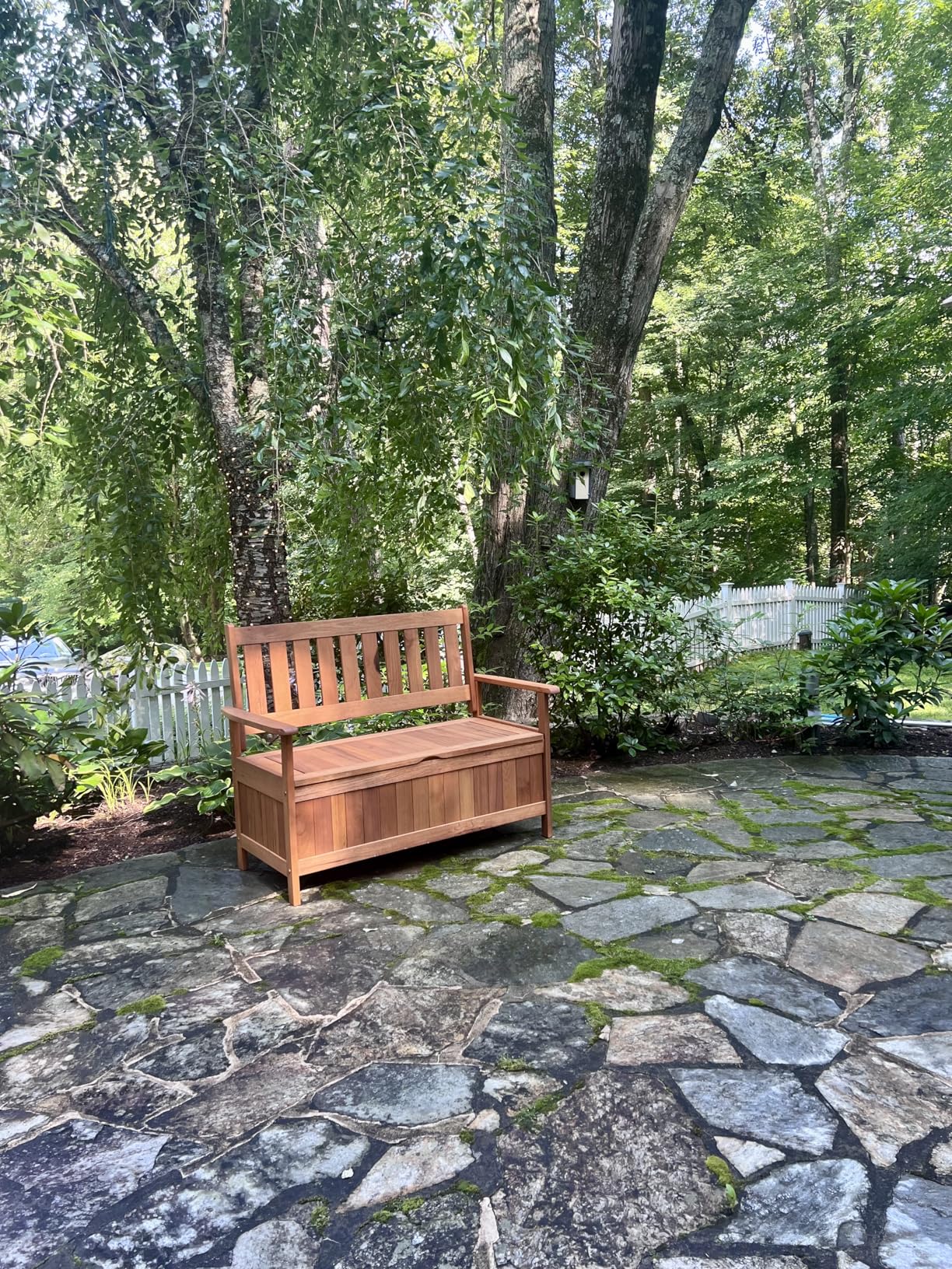 Tangkula Outdoor Wood Storage Bench Deck Box, Entryway Porch Storage Bench with Inner Removable Dust-Proof Lining & Portable Handles, Eucalyptus Wood Loveseat for Garden, Lawn, Balcony & Yard customer photo 1