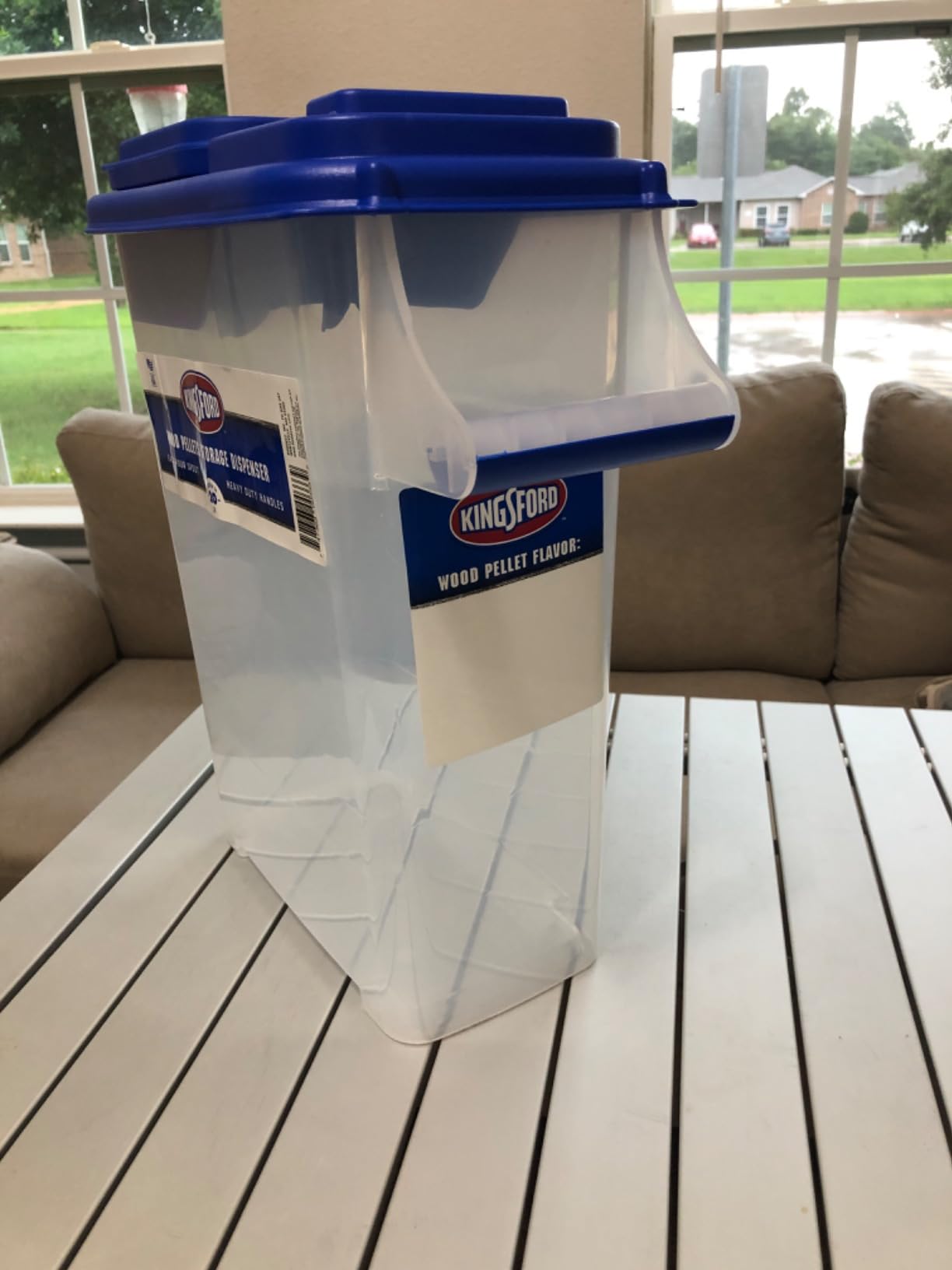 Buddeez Kingsford Pellet Dispenser with Flip Spout - Stackable Storage Bin for Wood and Grill Use - Clear Body with Blue Lid - 1 Count customer photo 1