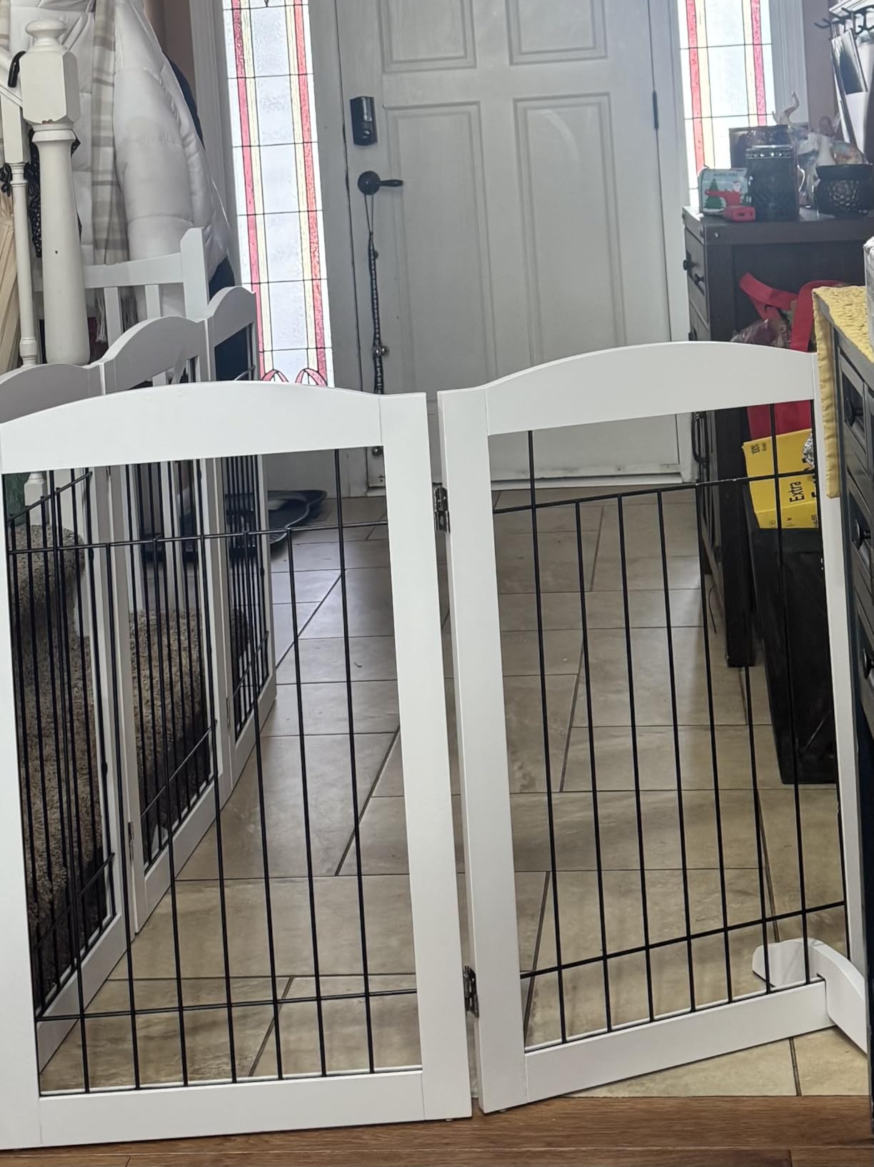 SPIRICH 96-inch Extra Wide 30-inches Tall Dog Gate with Door Walk Through, Freestanding Wire Pet Gate for The House, Doorway, Stairs, Pet Puppy Safety Fence, Support Feet Included (White) customer photo 2