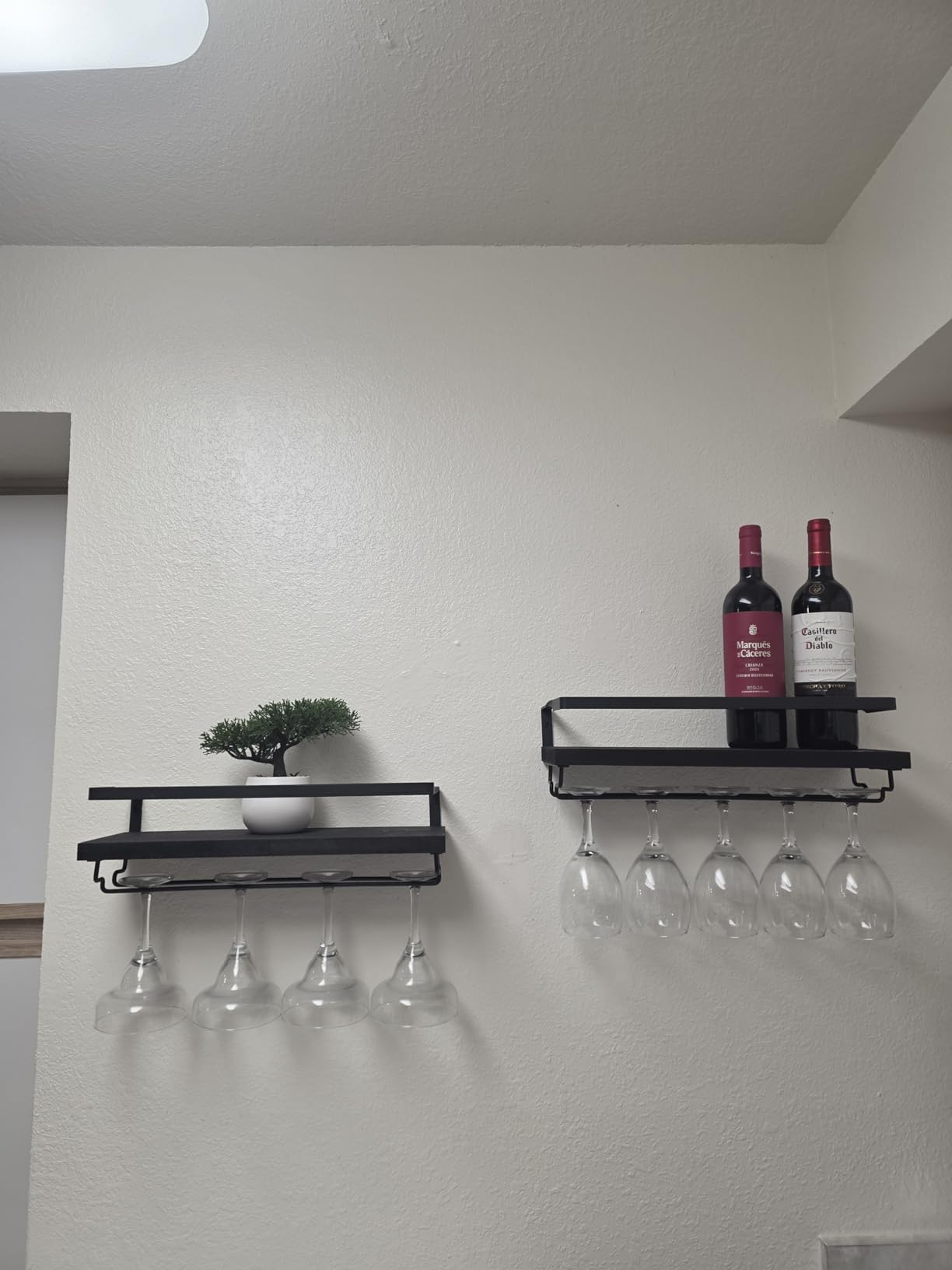 Mkono Wall Mounted Wine Rack Set of 2 Wood Rustic Wine Bottle Glass Floating Shelves with Stemware Hanger Modern Plants Photos Wine Display Storage Holder for Kitchen Dining Room Bar, 17 Inch customer photo 2
