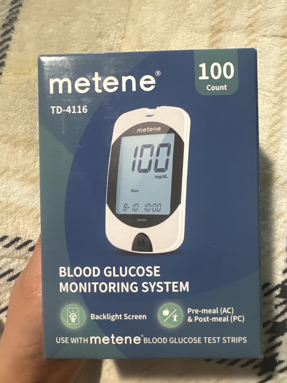 Metene TD-4116 Blood Glucose Monitor Kit, 100 Glucometer Strips, 100 Lancets, 1 Blood Sugar Monitor, Blood Sugar Test Kit with Control Solution, Lancing Device, No Coding, Large Display customer photo 1