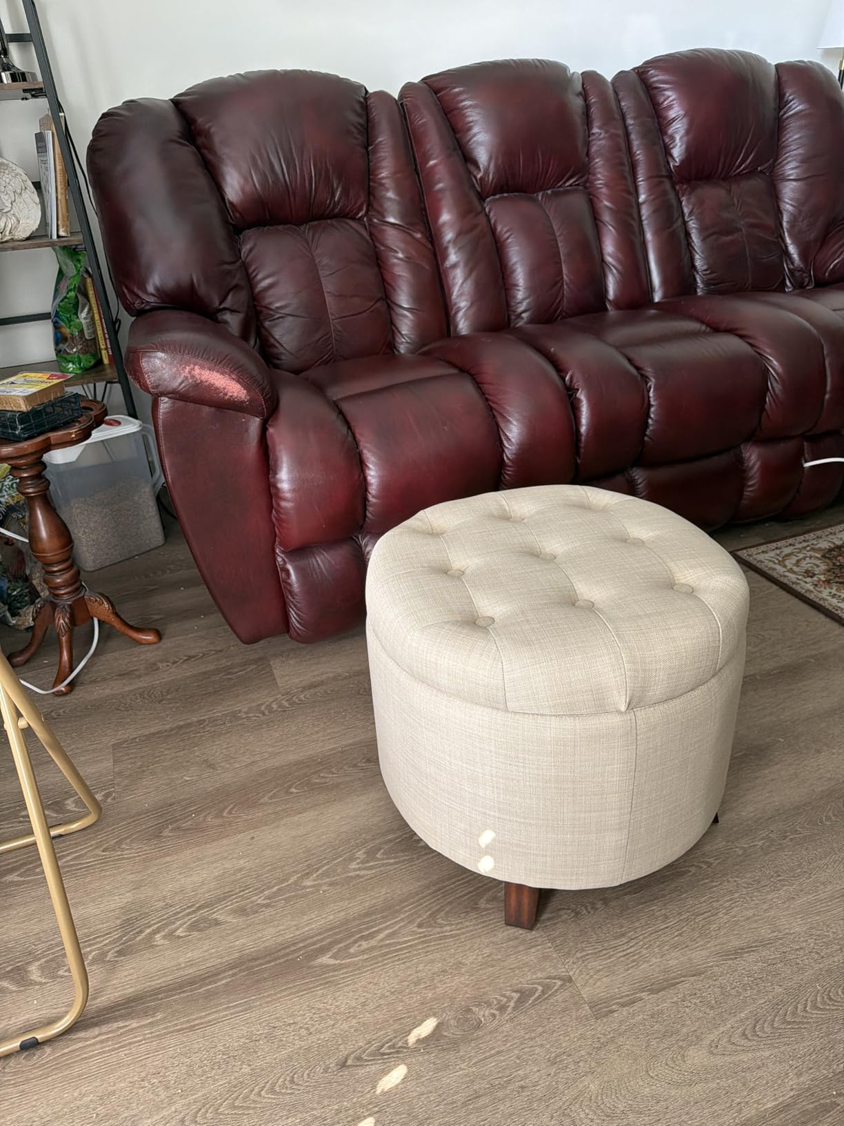 Amazon Basics Round Storage Ottoman Foot Rest, Button Tufted Upholstered Footstool with Storage, Sturdy Linen Fabric for Living Room and Bedroom, 20