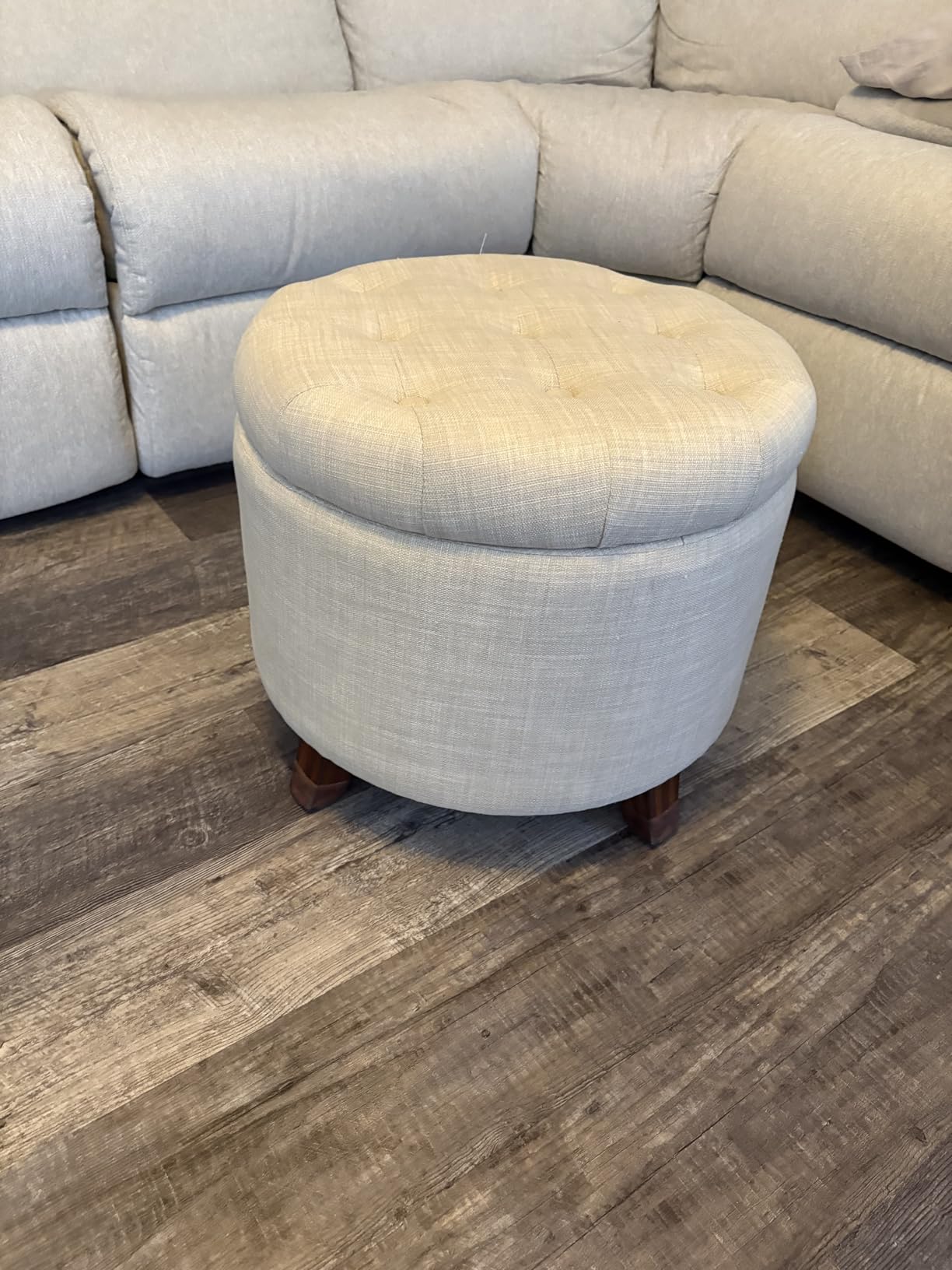 Amazon Basics Round Storage Ottoman Foot Rest, Button Tufted Upholstered Footstool with Storage, Sturdy Linen Fabric for Living Room and Bedroom, 20