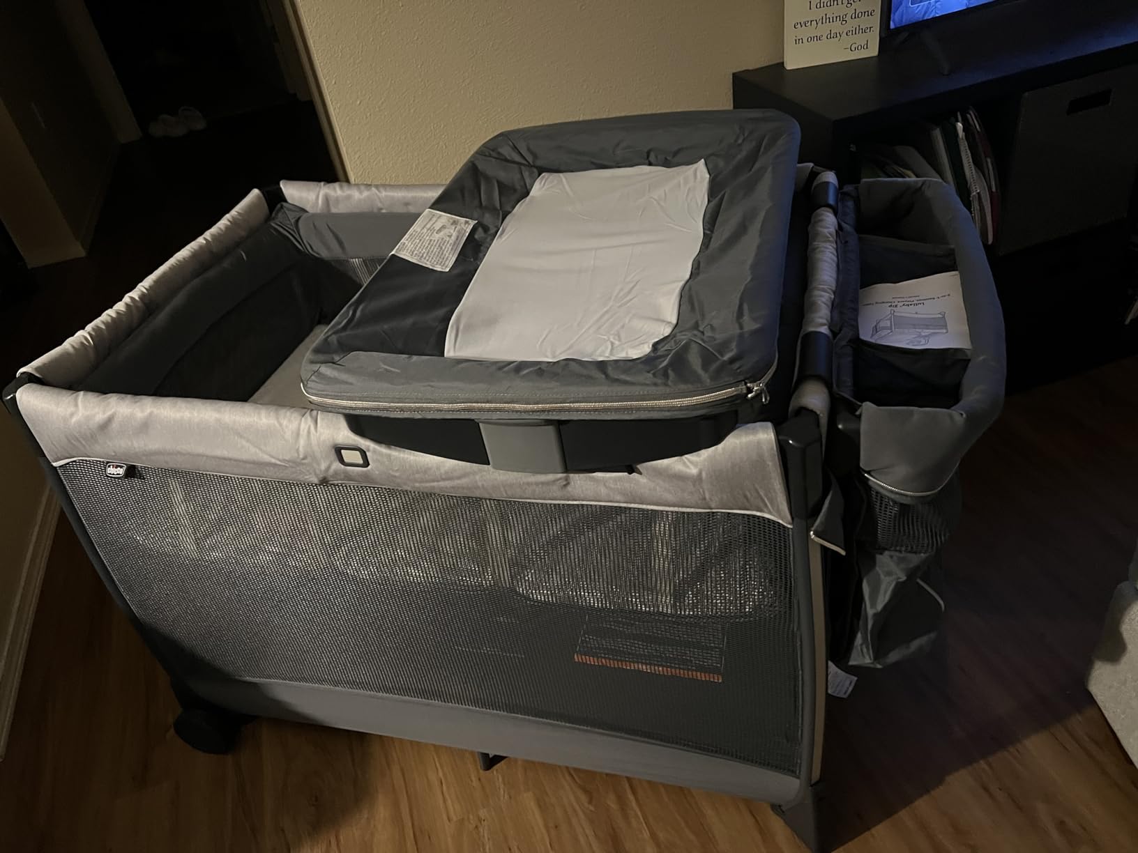 Chicco Lullaby Zip All-in-One Portable Playard, Infant Bassinet and Changer, Electronic Toy Bar, Toddler Playard, Travel Friendly | Driftwood/Grey customer photo 1