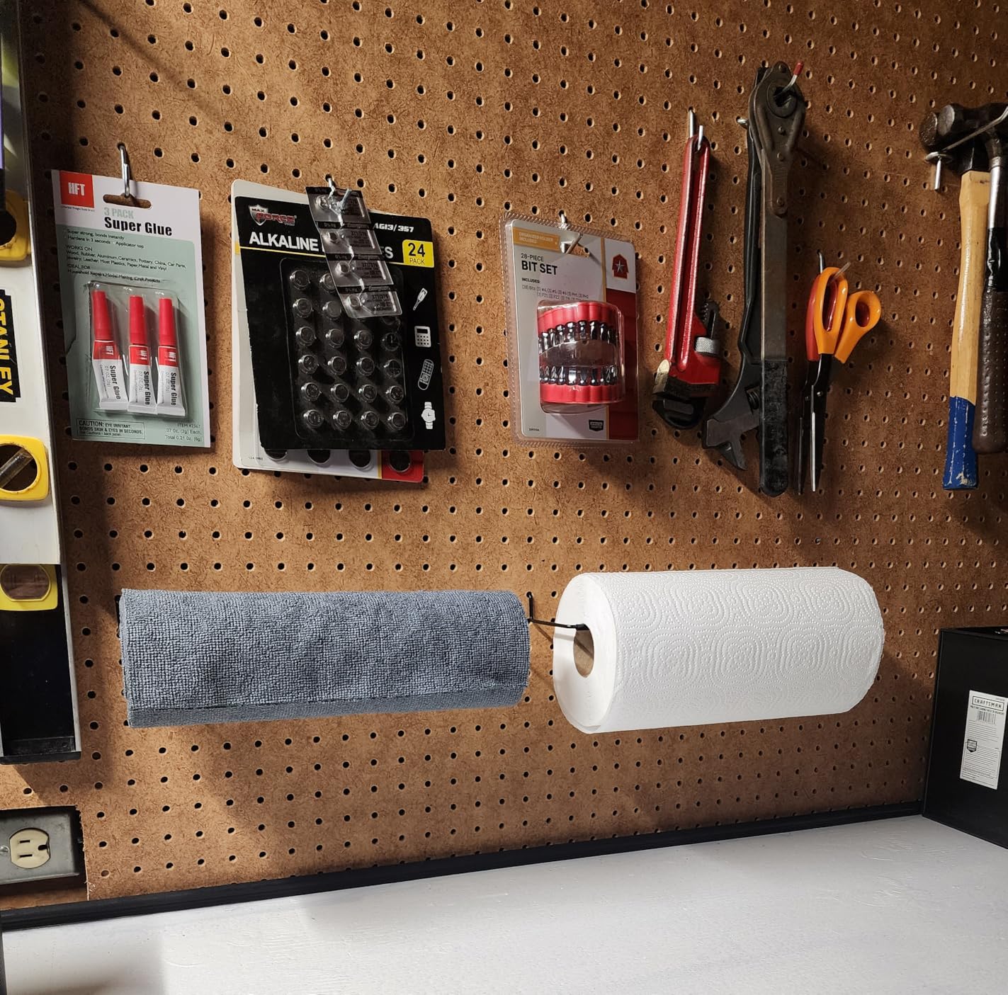 Paper Towel Holder for Pegboard, Extendable, Fit Any Standard Pegboard, Peg Board Organization Accessory Hook for Workshop, Garage, Kitchen, Laundry Room, Bathroom 2 Packs, Black (2 PCS) customer photo 1