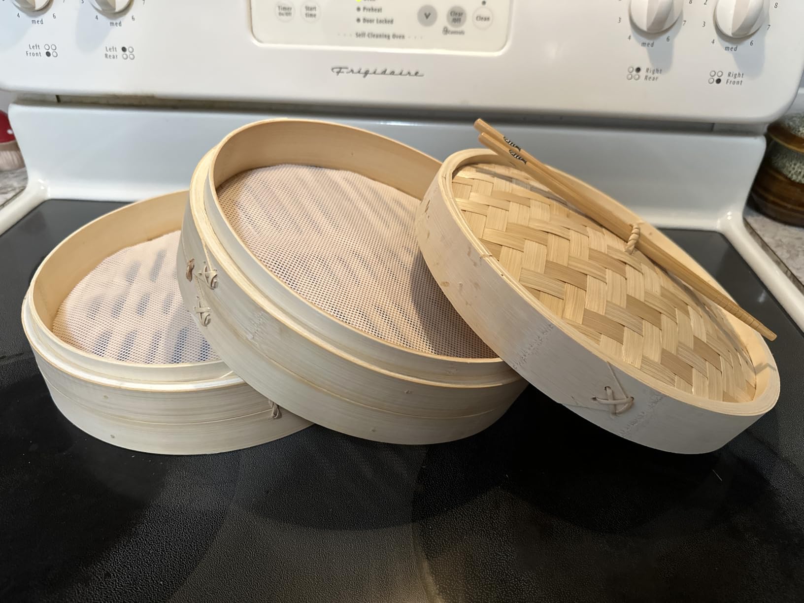 Bamboo Steamer Basket for Chinese Asian Cuisine - 2 Tier 10-Inch Steaming Basket Bun Vegetable Bao Buns, Sauce Dish, Chopsticks, Reusable Liners customer photo 1