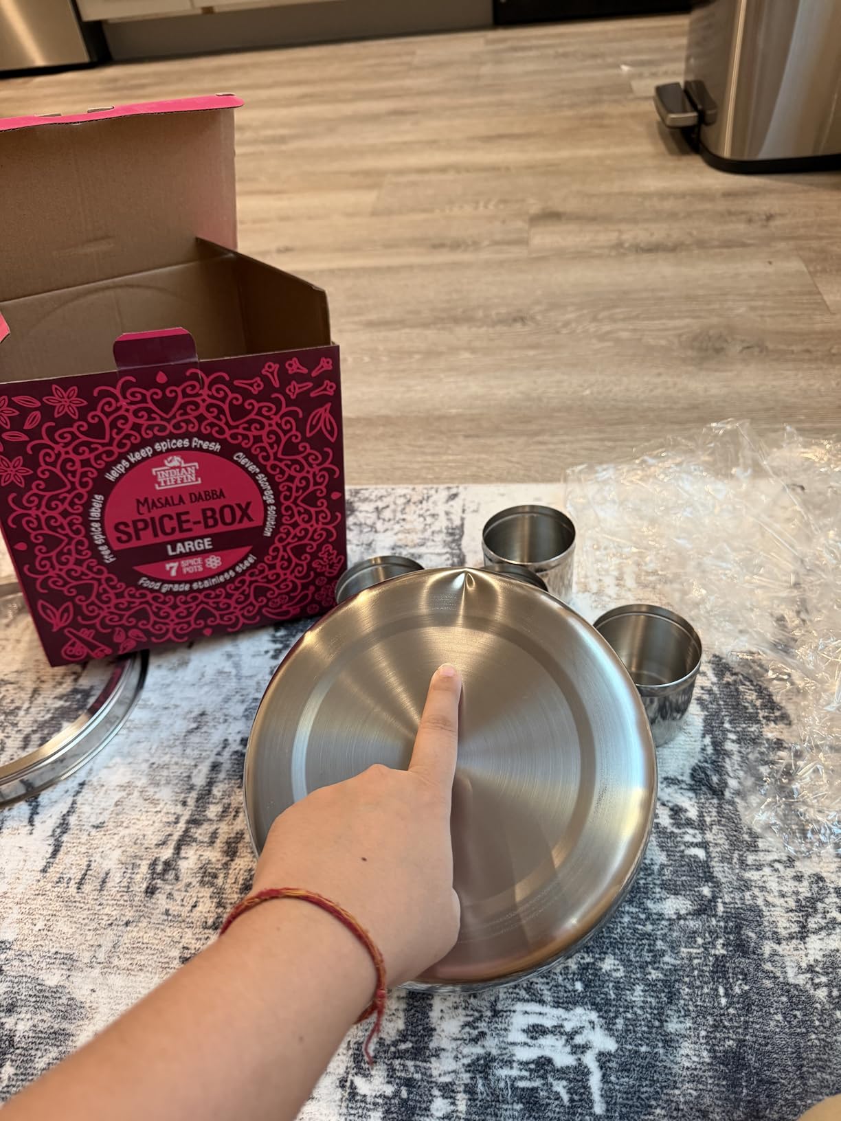 Indian-Tiffin Masala Dabba - Airtight Spice Container - Food Grade Stainless Steel - with Spice Labels & Spoon (Large (20cm), Clear Lid Top & Clear Lids on Inner Pots) customer photo 1
