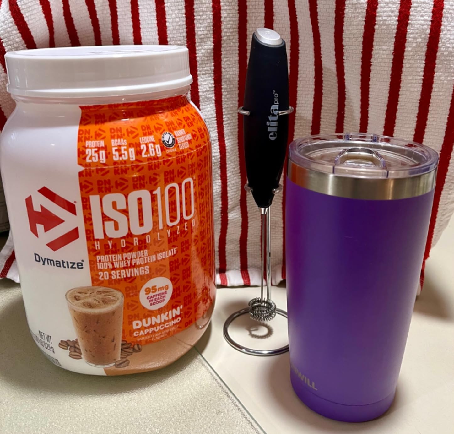 Dymatize x Dunkin' Cappuccino ISO100 Whey Protein Powder, 95mg Caffeine, 25g of Protein, 5.5g BCAAs, 120 Cal., Gluten Free, 1g Fat, 1g Sugar, 2g Carb (20 Servings) customer photo 1