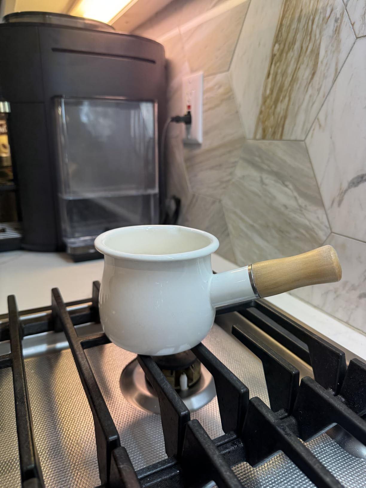 0.6qt Mini Enamel Milk Pot Insulated Wooden Handle 2 Pour Spouts Small Food Warmer Cute Saucepan customer photo 2