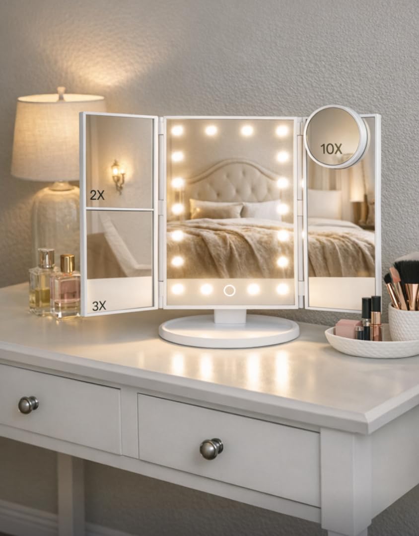 HUONUL Makeup Mirror, Vanity Mirror with Lights, 2X/3X/10X Magnification, Touch Control, Trifold, Dual Power Supply, Mothers Day, Birthday Gifts for Mom,Gifts for Women,Girls, Dorm Room Essentials customer photo 1