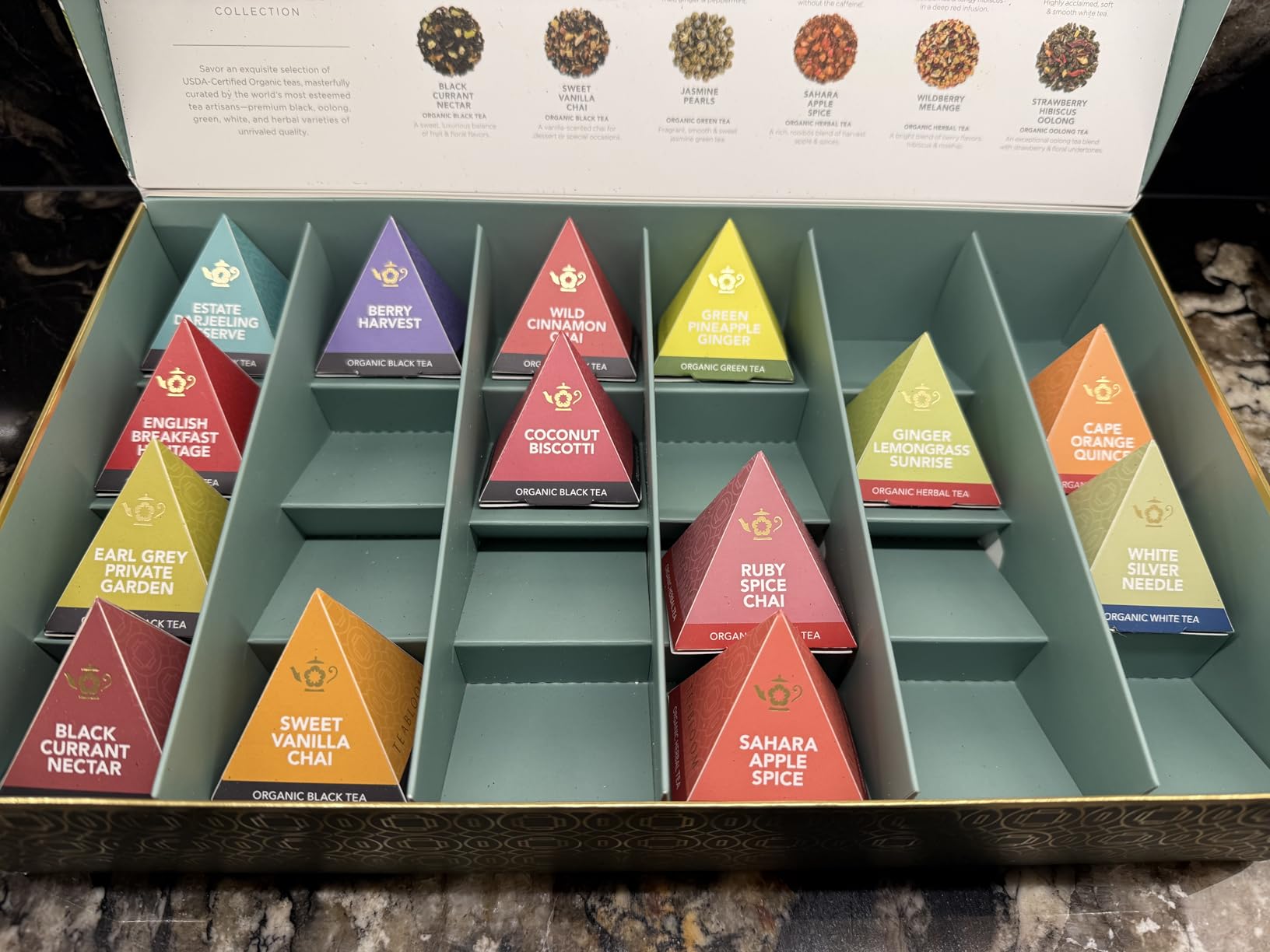 Teabloom - World's Finest Pyramid Tea Collection, 24 Varieties of USDA Certified Organic & Kosher Teas - Black Tea, Green Tea, White Tea, Oolong Tea, and Herbal/Fruit Tea Blends customer photo 1
