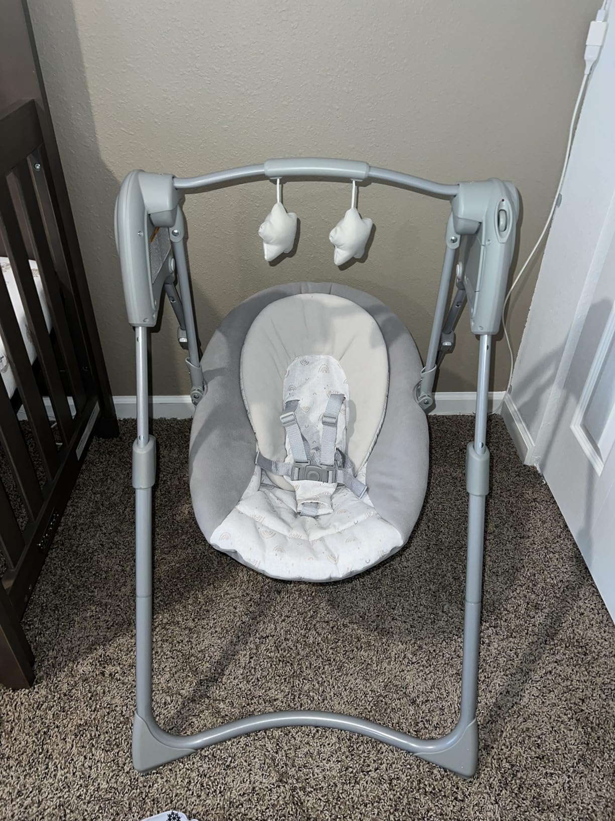 Graco Slim Spaces Compact Baby Swing, Space Saving Portable Bay Swing with Height Adjustable Legs & Soft Toys, Reign customer photo 1