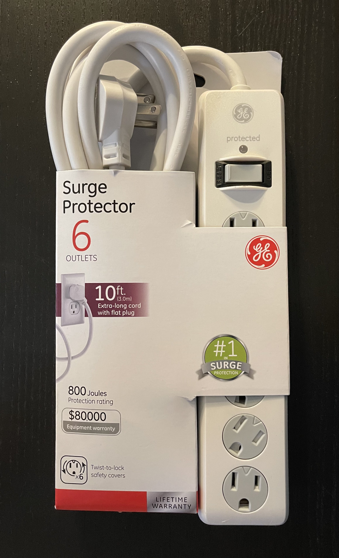 GE Surge Protector Power Strip, 6 Ft Extension Cord, 6 Outlet Extender, 800 Joules, Flat Plug, Twist-to-Close Safety Covers, ETL Listed, White, 67051 customer photo 1
