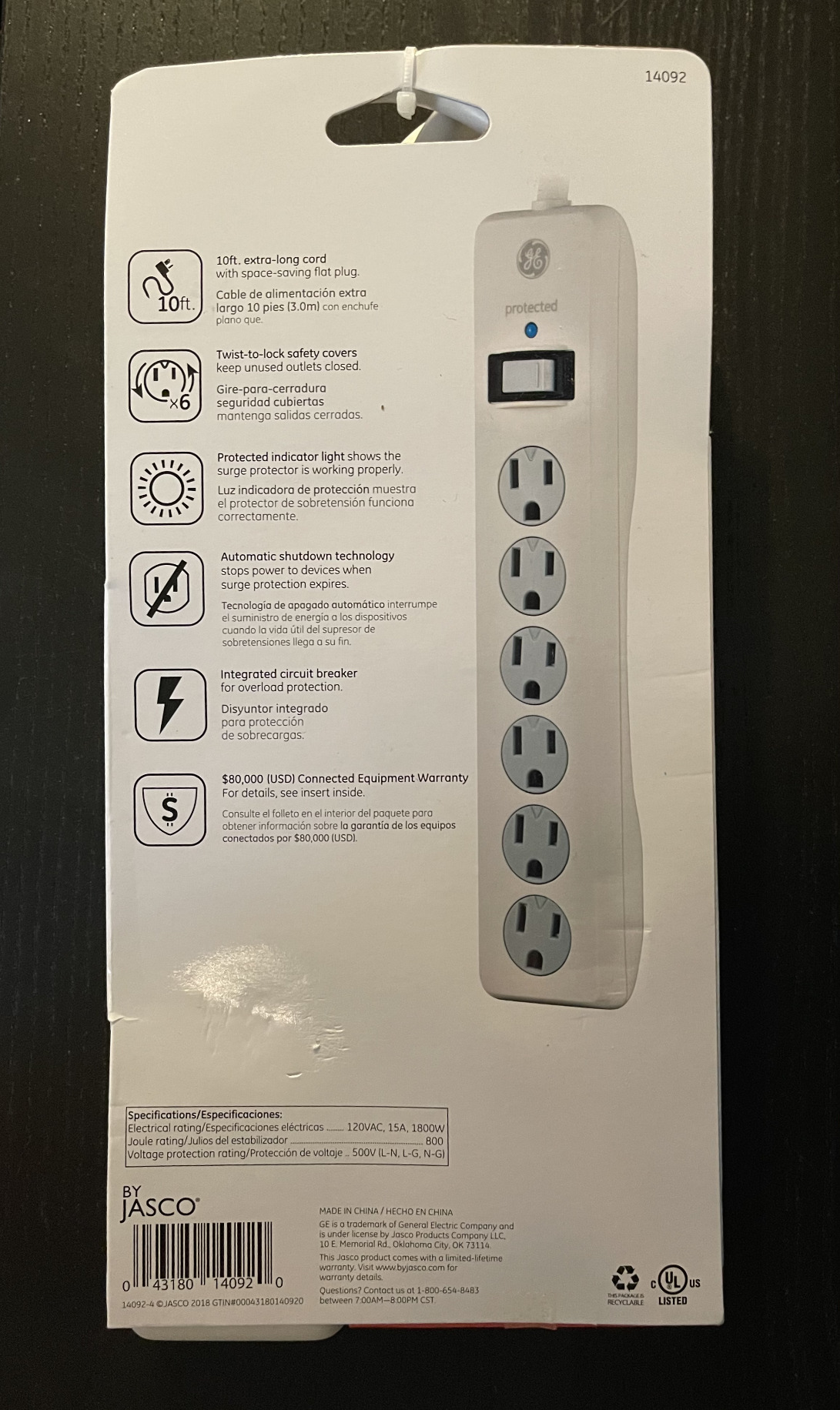 GE Surge Protector Power Strip, 6 Ft Extension Cord, 6 Outlet Extender, 800 Joules, Flat Plug, Twist-to-Close Safety Covers, ETL Listed, White, 67051 customer photo 2