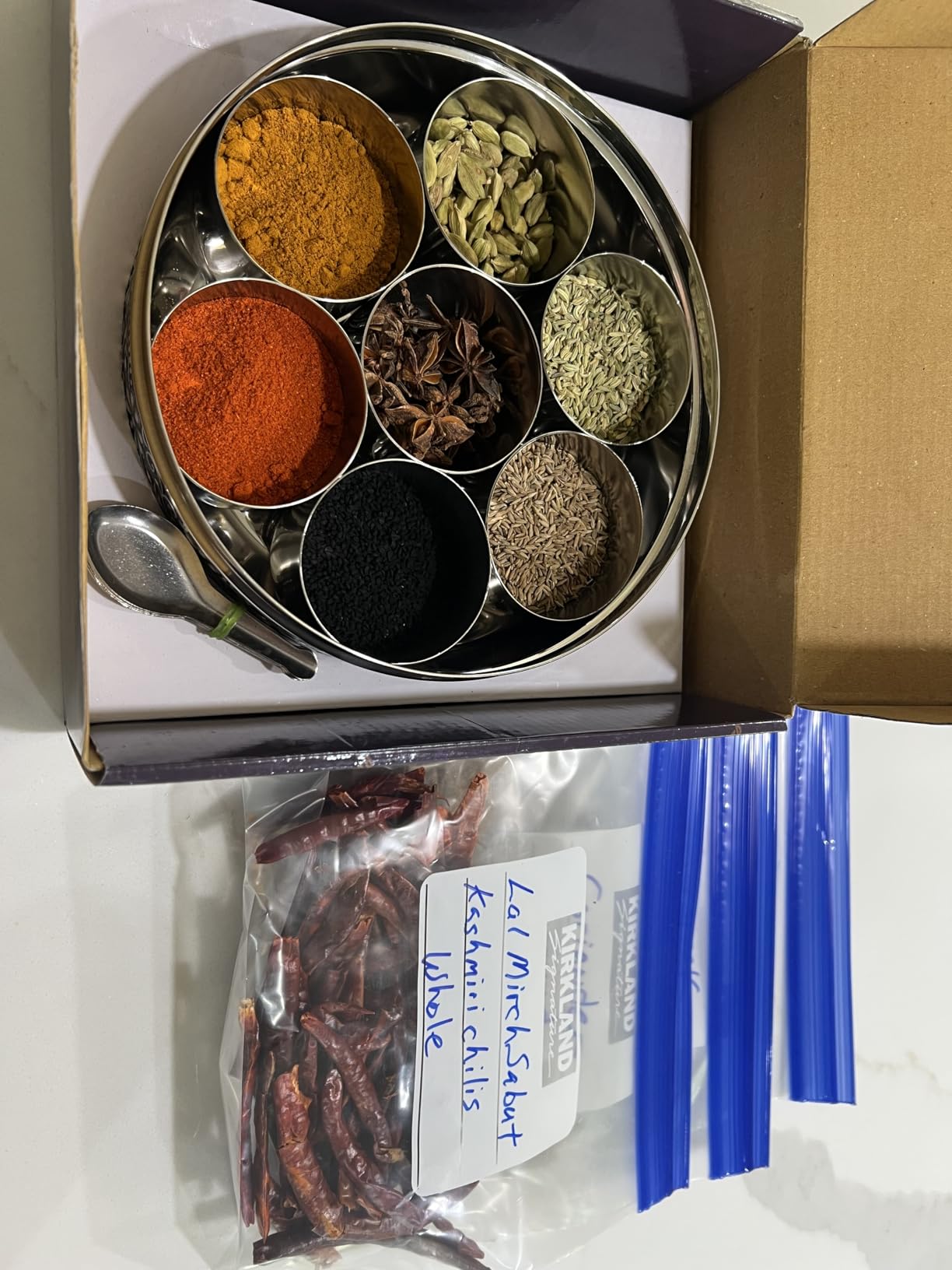 KSJONE Designer Spice Container Masala Dabba, 7 Spice Jars, Holds 7 Spices, Spice Container Box, Polished Stainless Steel with 7 Serving Spoons, Indian Masala Dabba with Lid, 8 Inch customer photo 1