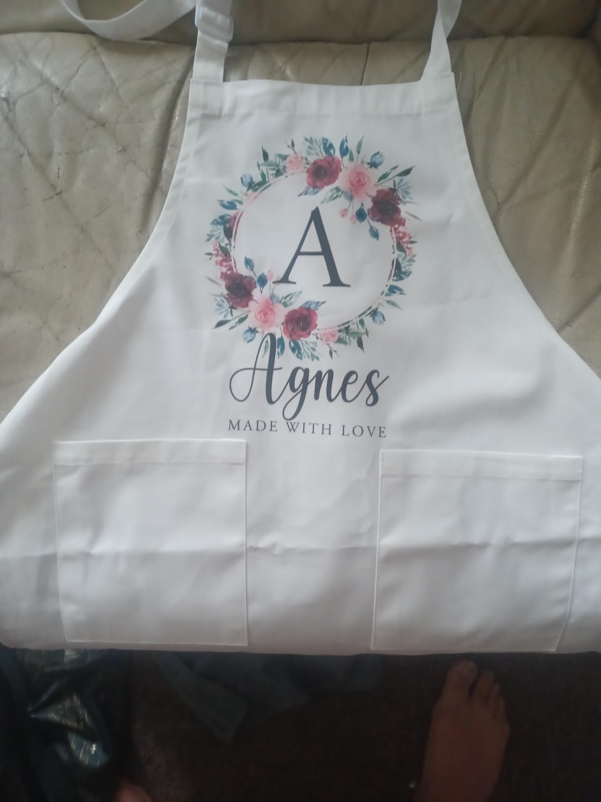 Personalized Kitchen Aprons Floral Initial Design w/Name Text - Customized Women Cooking Apron w/Pockets Custom Chef White Gifts for Baking Bbq Grill customer photo 2