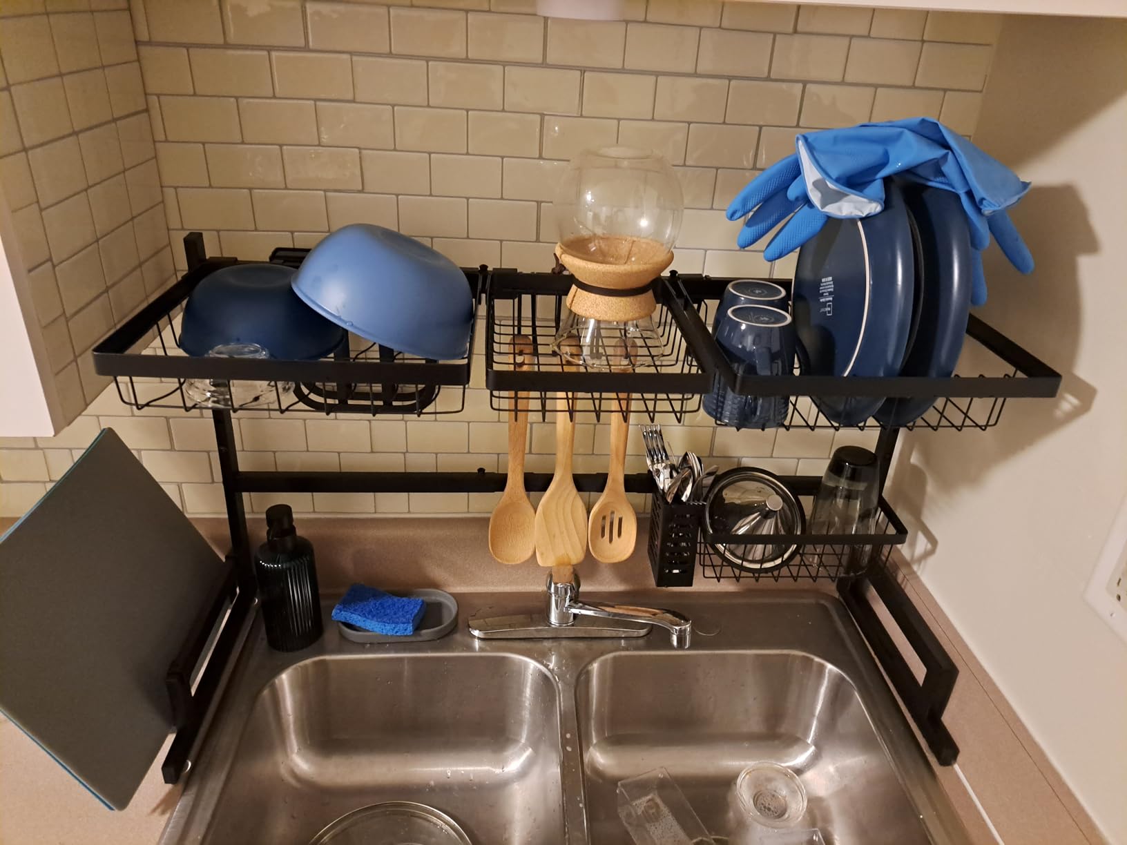 PUSDON Over the Sink Dish Drying Rack, 2 Tier Adjustable Large Capacity Stainless Steel Dish Rack for Kitchen Counter, Heavy Duty Space Saver Organizer with Utensil Holder, Black customer photo 1