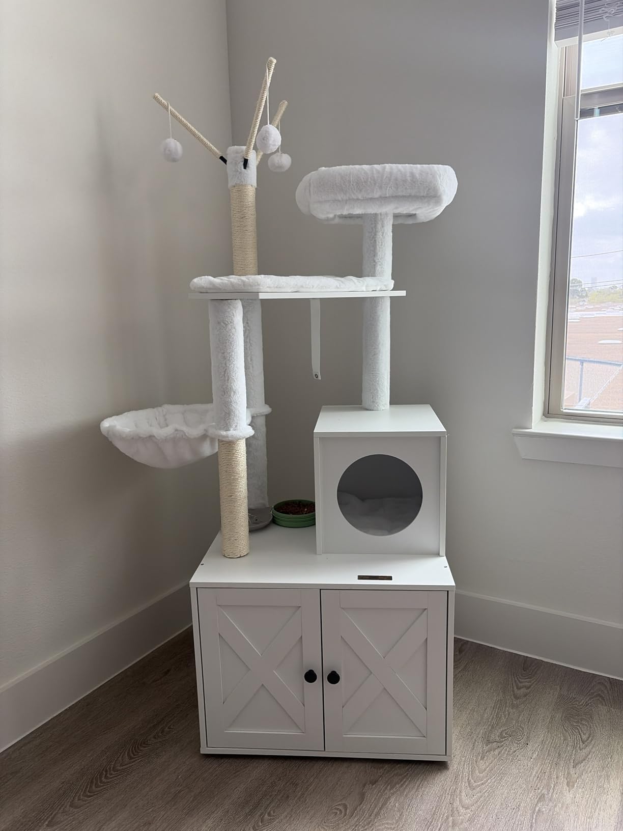 Feandrea Cat Tree with Litter Box Enclosure, 59-Inch Modern Cat Tower, 2-in-1 Condo with Scratching Posts, Washable Removable Cushion, Greige customer photo 1