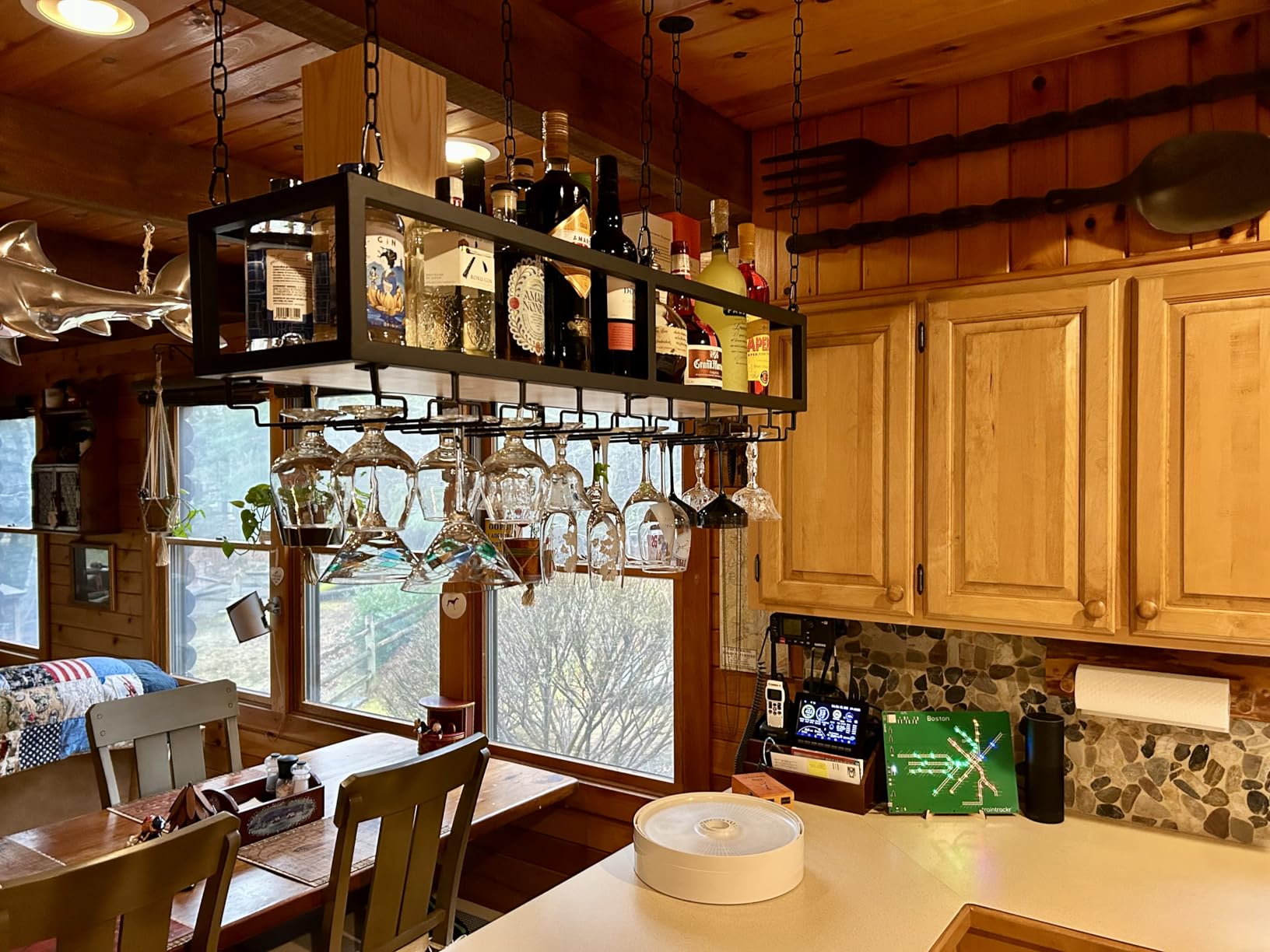 Ceiling Wine Glass Rack - Hanging Wine Rack with Glass Holder and Shelf, Height Adjustable Industrial Hanging Wine Bottle Holder, Black Metal Ceiling Shelf for Bar Cafe Kitchen (31.4×9.8×8.6in) customer photo 1