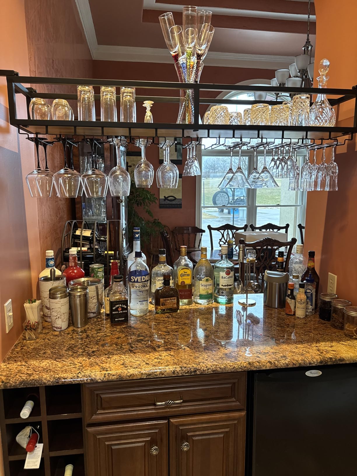 Ceiling Wine Glass Rack - Hanging Wine Rack with Glass Holder and Shelf, Height Adjustable Industrial Hanging Wine Bottle Holder, Black Metal Ceiling Shelf for Bar Cafe Kitchen (31.4×9.8×8.6in) customer photo 2