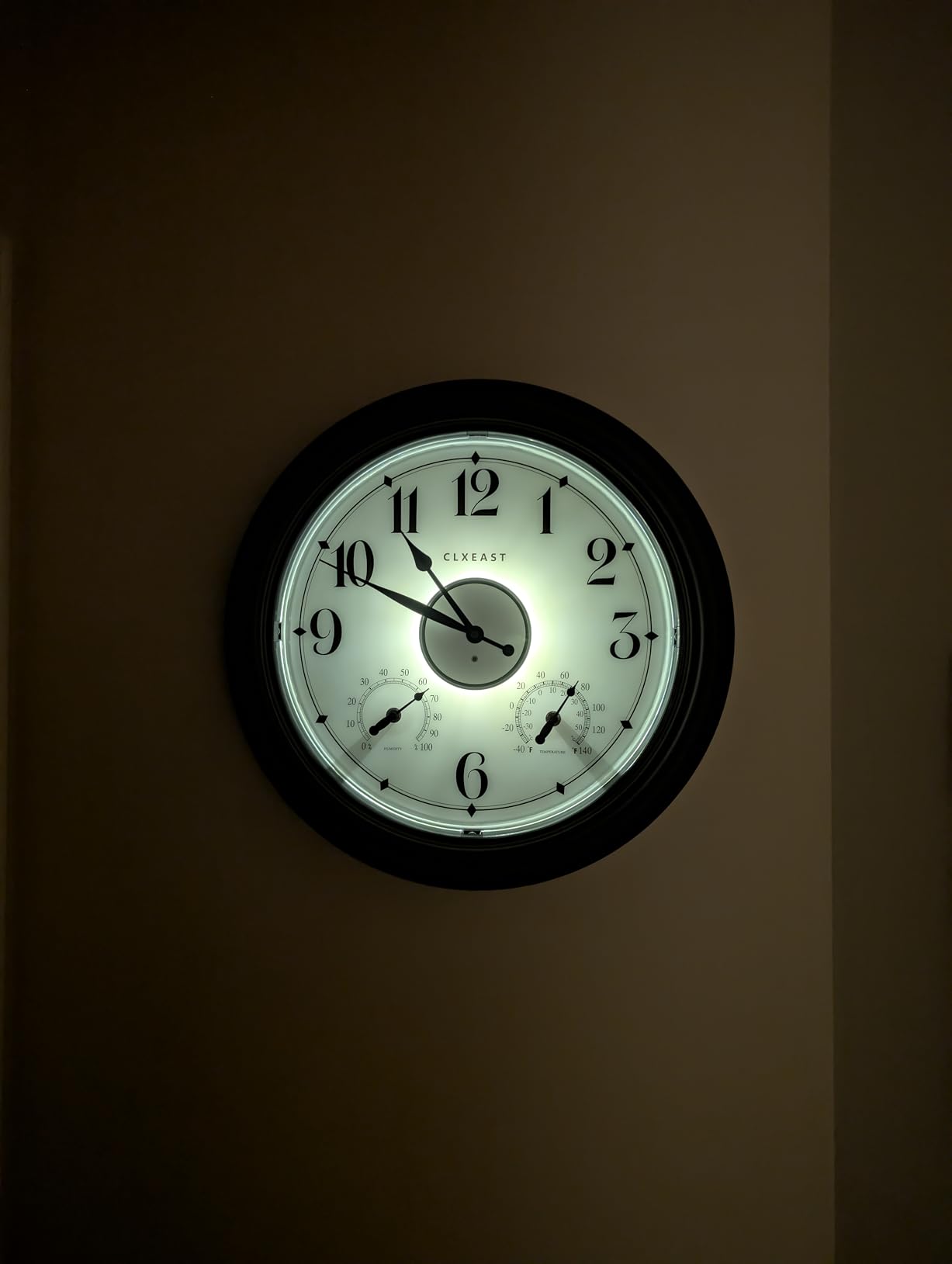 CLXEAST Illuminated Indoor Outdoor Clocks Waterproof 18 inch with Smart Night Light Sensor, Large Wall Clock with Thermometer & Hygrometer, Oil Rubbed Bronze Black, Spring Outdoor Decor customer photo 2