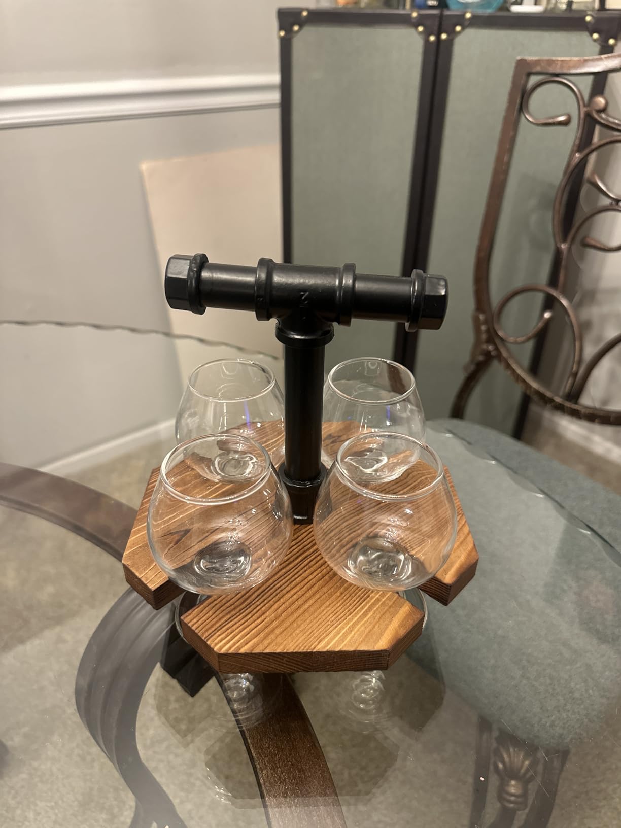 MyGift Beer Flight Set with Handle Set of 2, Whiskey Flight Board with 4 Snifter Glasses, Solid Burnt Wood and Industrial Pipe Tasting Tray for Home Bar customer photo 1