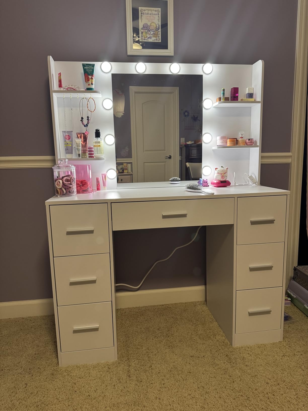 Quimoo Large Vanity Desk with LED Lighted Mirror & Power Outlet, Makeup Vanity Table with 7 Drawers, 4 Shelves and 5 Hooks, Vanity Table, Vanity Desk Set for Bedroom, Bathroom, White customer photo 2