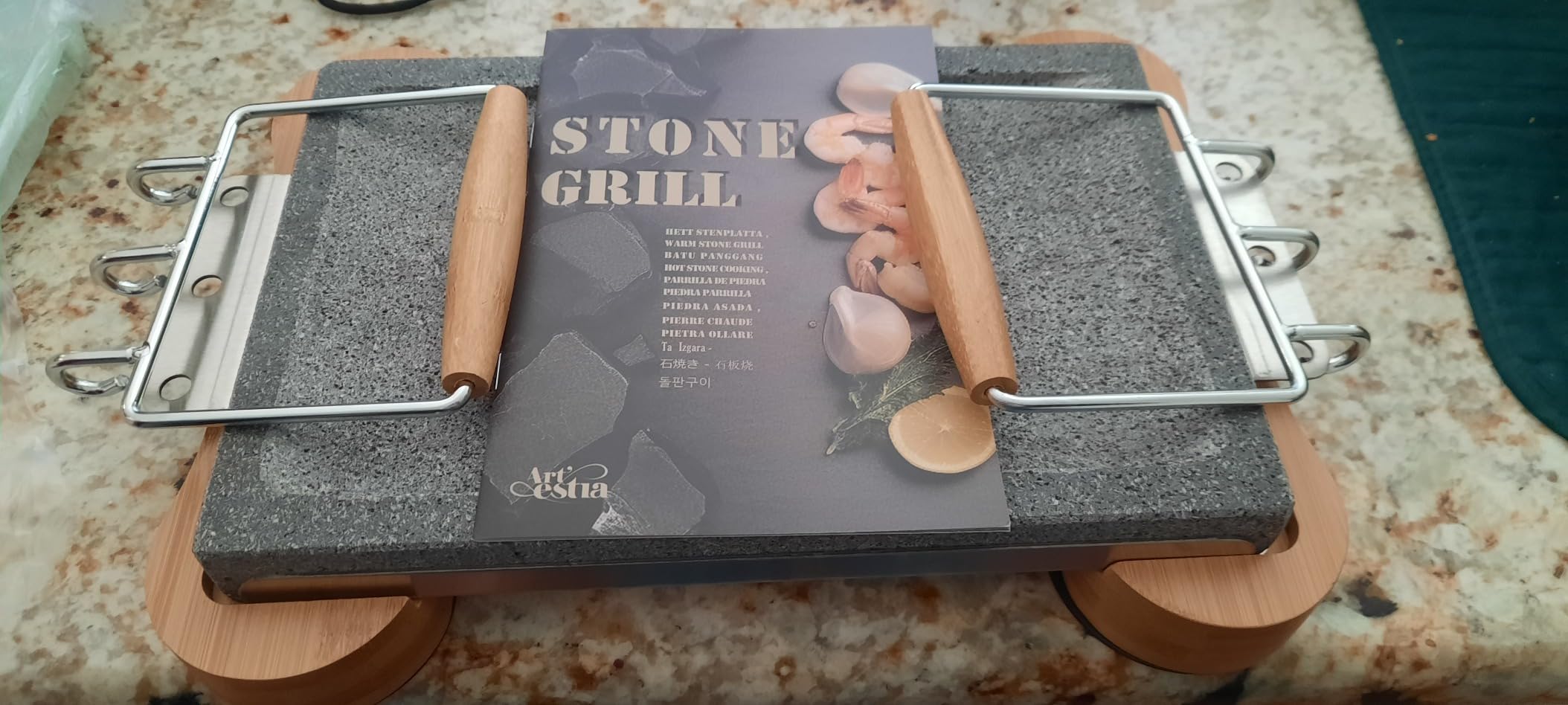 Extra-Large Lava Steak Stone Grill Set with Bamboo Base & Heat-Resistant Handles - 15.75