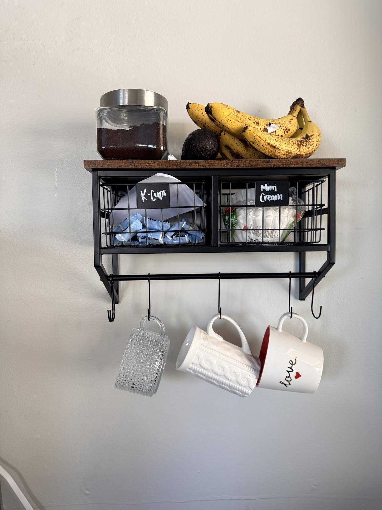 Helsin Industrial Wall Mounted Metal Wood Floating Shelves with Baskets Hooks Hanging Display Shelf Sundries Holder for Coffee Bar Kitchen Bathroom Organization and Home Decor, Black (16inch, 2 Sets) customer photo 2