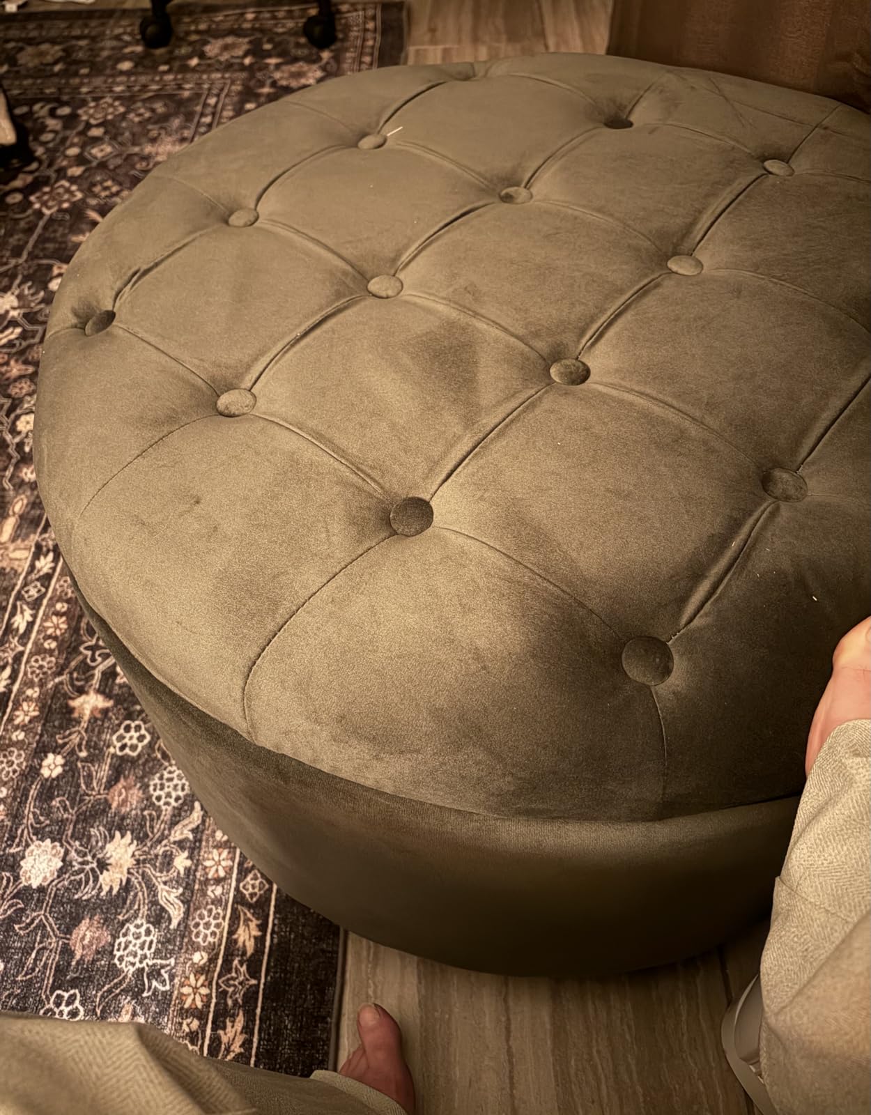 HomePop Home Decor | Large Button Tufted Velvet Round Storage Ottoman | Ottoman with Storage for Living Room & Bedroom, Loden Green Velvet, 28