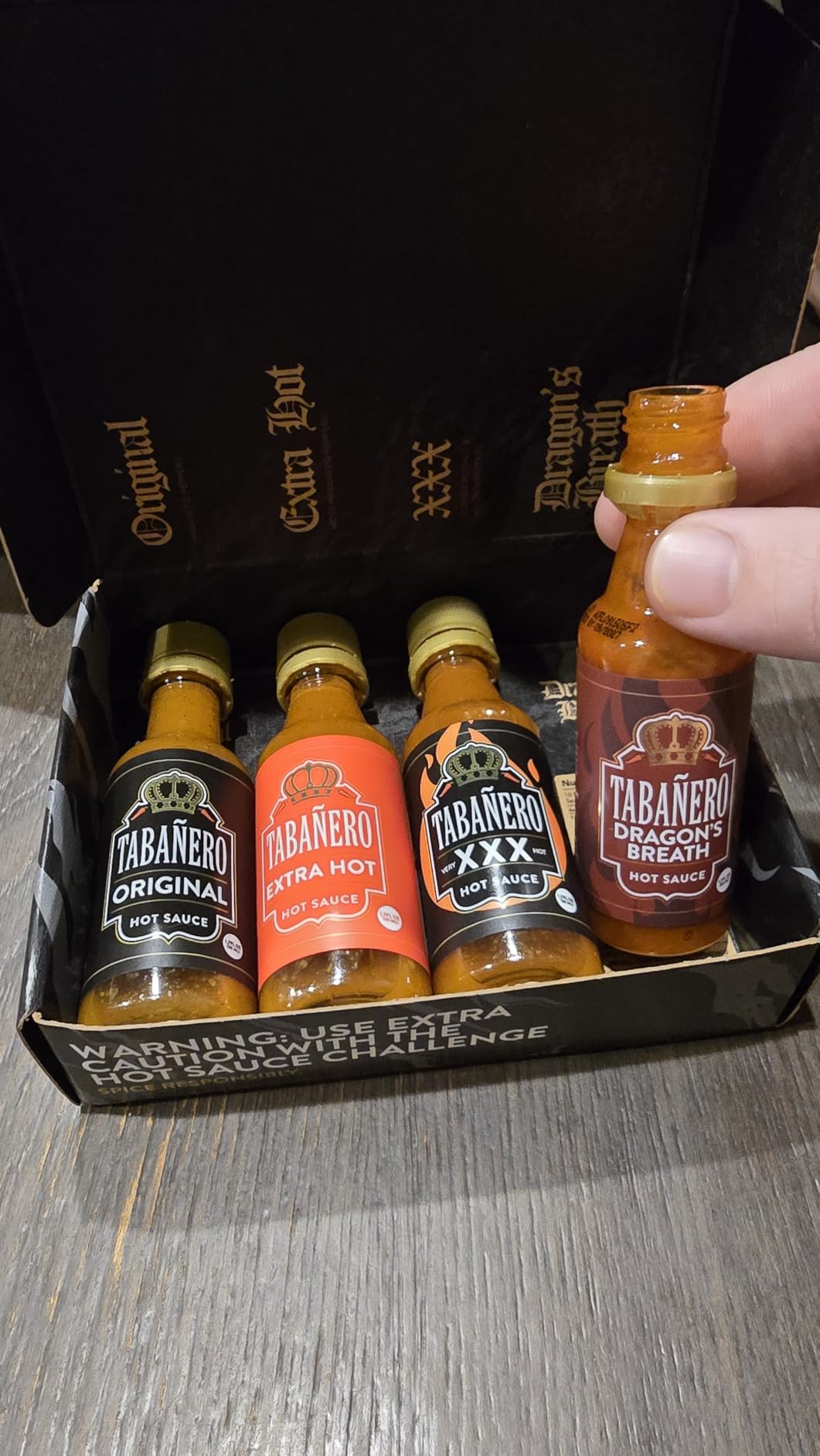 Tabañero Challenge Box, Hot Sauce Gift Set, 4 Pack, Original, Extra, XXX Hot and Dragon's Breath, 1.7 oz Mini Glass Bottles, Gluten Free, All Natural, Low Sodium, Vegan, Kosher, Made in the USA customer photo 2