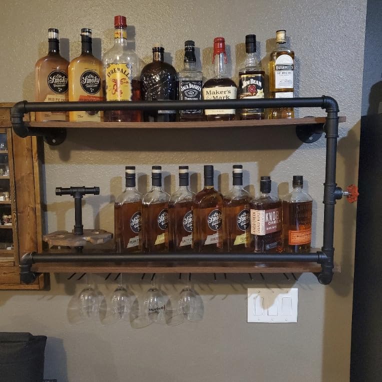 41 Inch Wine Rack Wall Mounted 2 Tier, Hanging Floating Bar Liquor Shelves with Glass Holder Storage Under, Industrial Rustic Pipe Farmhouse Kitchen Decor Black customer photo 1