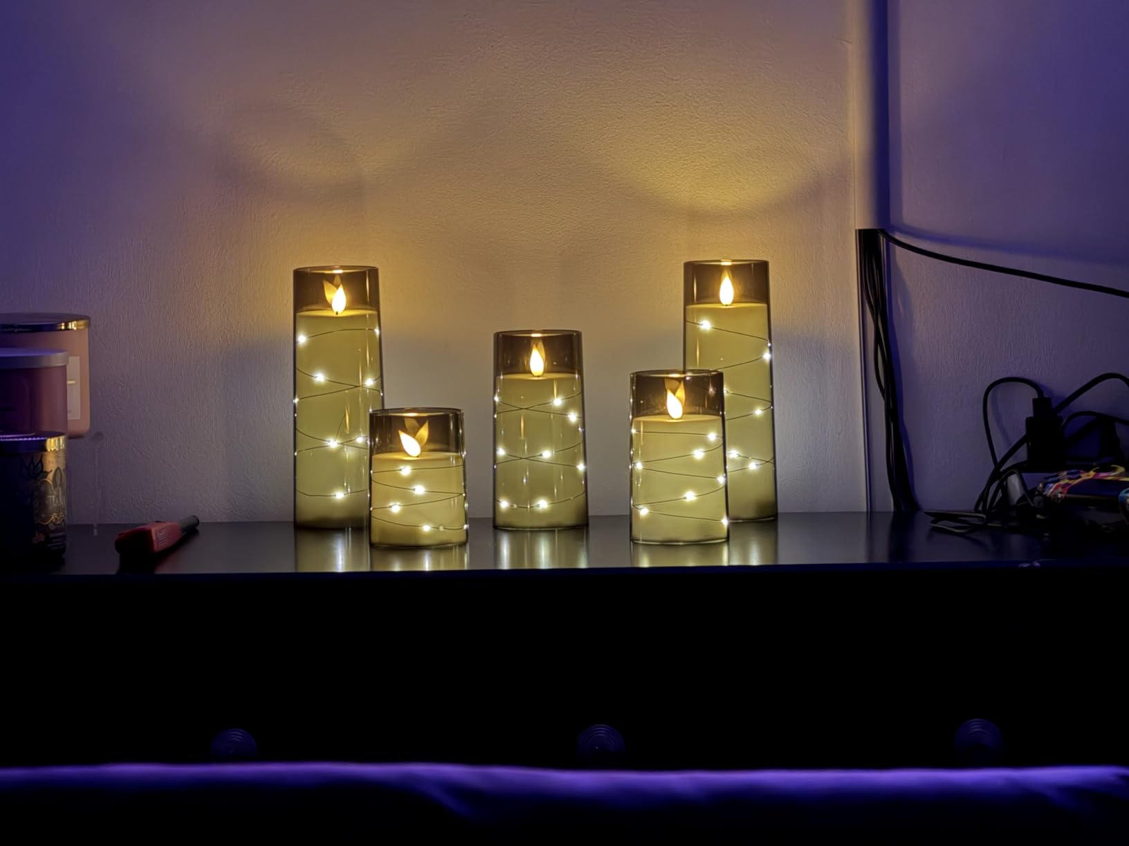 Homemory Flameless Candles with Embedded Star String Fairy Lights, Battery Operated Candles, LED Candle, Fake Candles with Remote Control and Timer, Ivory, Set of 5(H4 5
