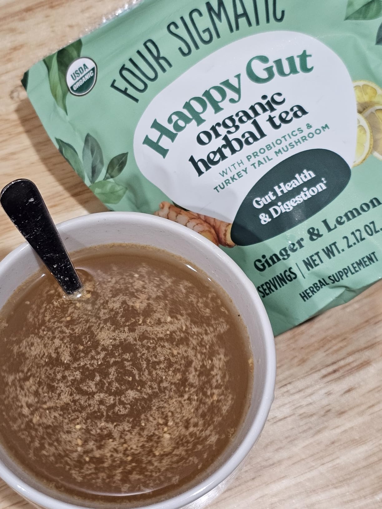 Four Sigmatic Gut Health Organic Herbal Tea | Organic Lemon Ginger Tea with Probiotics & Turkey Tail Mushroom | Instant Digestive Tea | Vegan, Gluten-Free | Lemon Ginger, 24 Servings customer photo 1