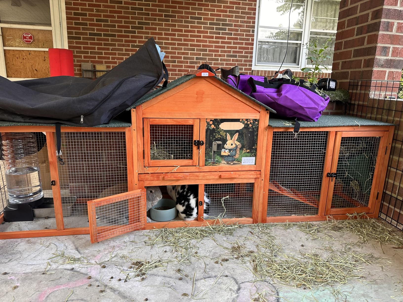 COZIWOW 95inches Extra Large Wood Rabbit Hutch Outdoor Easy to Assemble and Stable Bunny Cage Indoor with Cleaning Tray & Waterproof Roof for Small and Medium Bunny Rabbit Chick (Grey with Pattern) customer photo 1