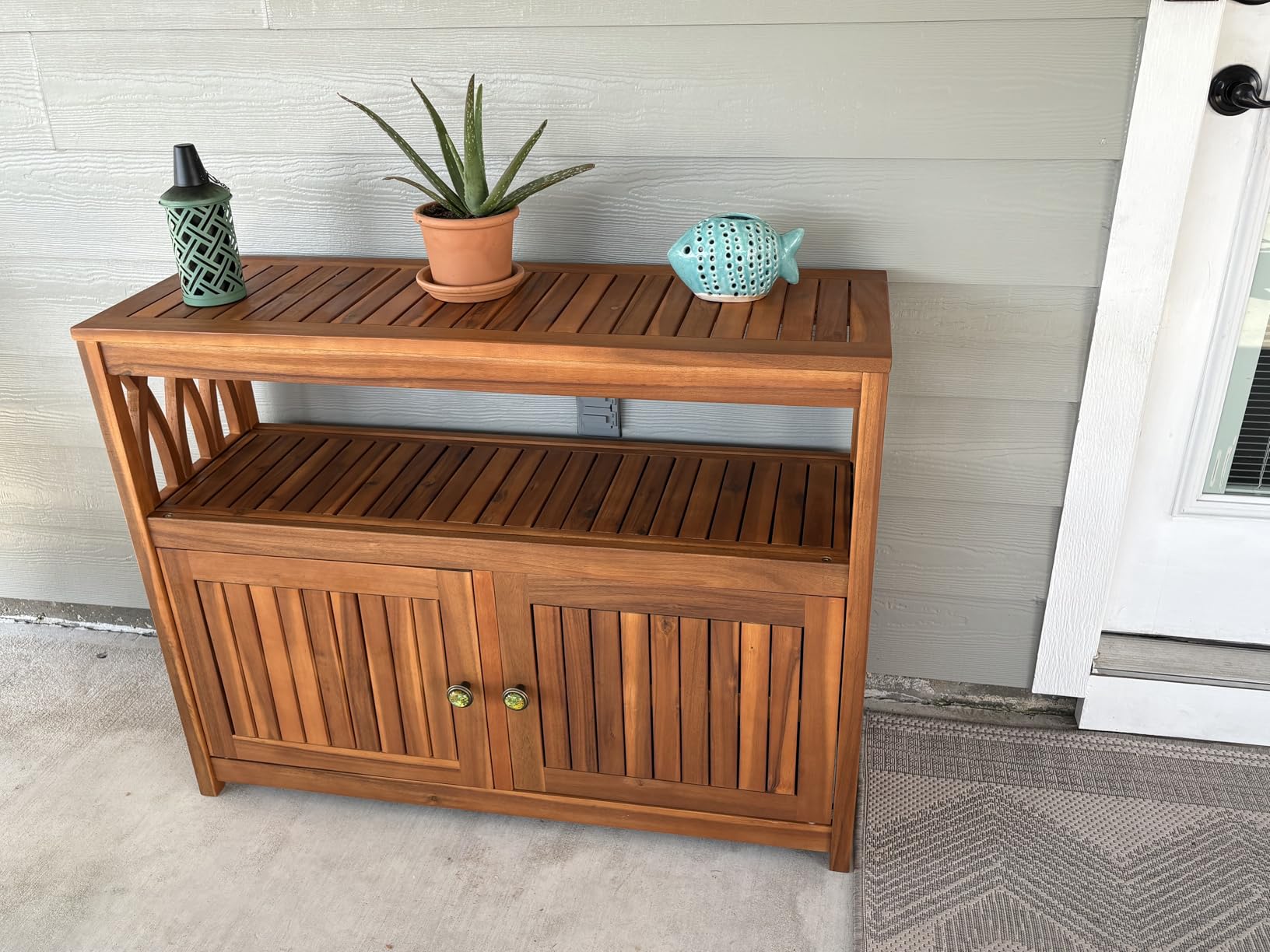 Flamaker Outdoor Storage Cabinet Weatherproof Acacia Wood Outdoor Cabinet with 2 Magnetic Doors Used for Outdoor Storage, Buffet Cabinet, TV Stand, Bar Table, Potting Table (Brown) customer photo 1