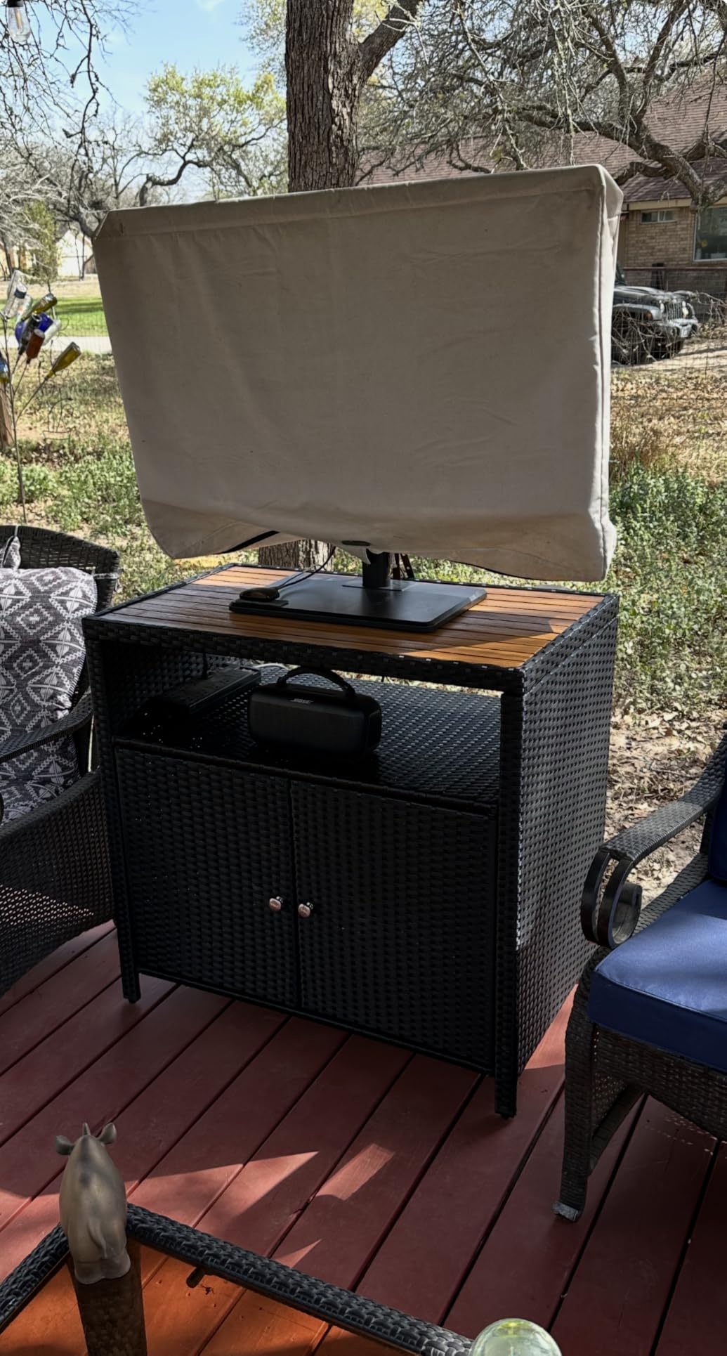 Tangkula Rattan Outdoor Storage Cabinet, Patiojoy Outdoor Cabinet with Acacia Wood Countertop, Open Compartment, 2-Door Wicker Sideboard, Outdoor Bar for Patio Garden Backyard Poolside (Mix Brown) customer photo 2