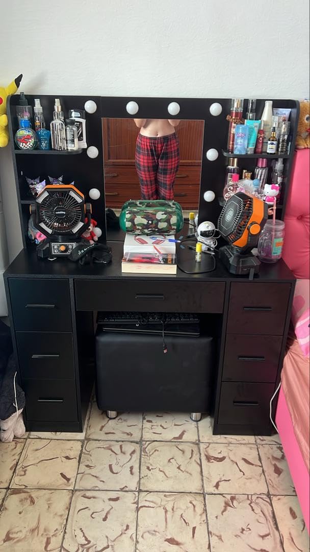 Furmax Vanity Desk with Mirror, LED Lights and Power Outlet Makeup Vanity Table with 7 Drawers and 6 Storage Shelves Dressing Table for Bedroom Dressing Room (White) customer photo 1