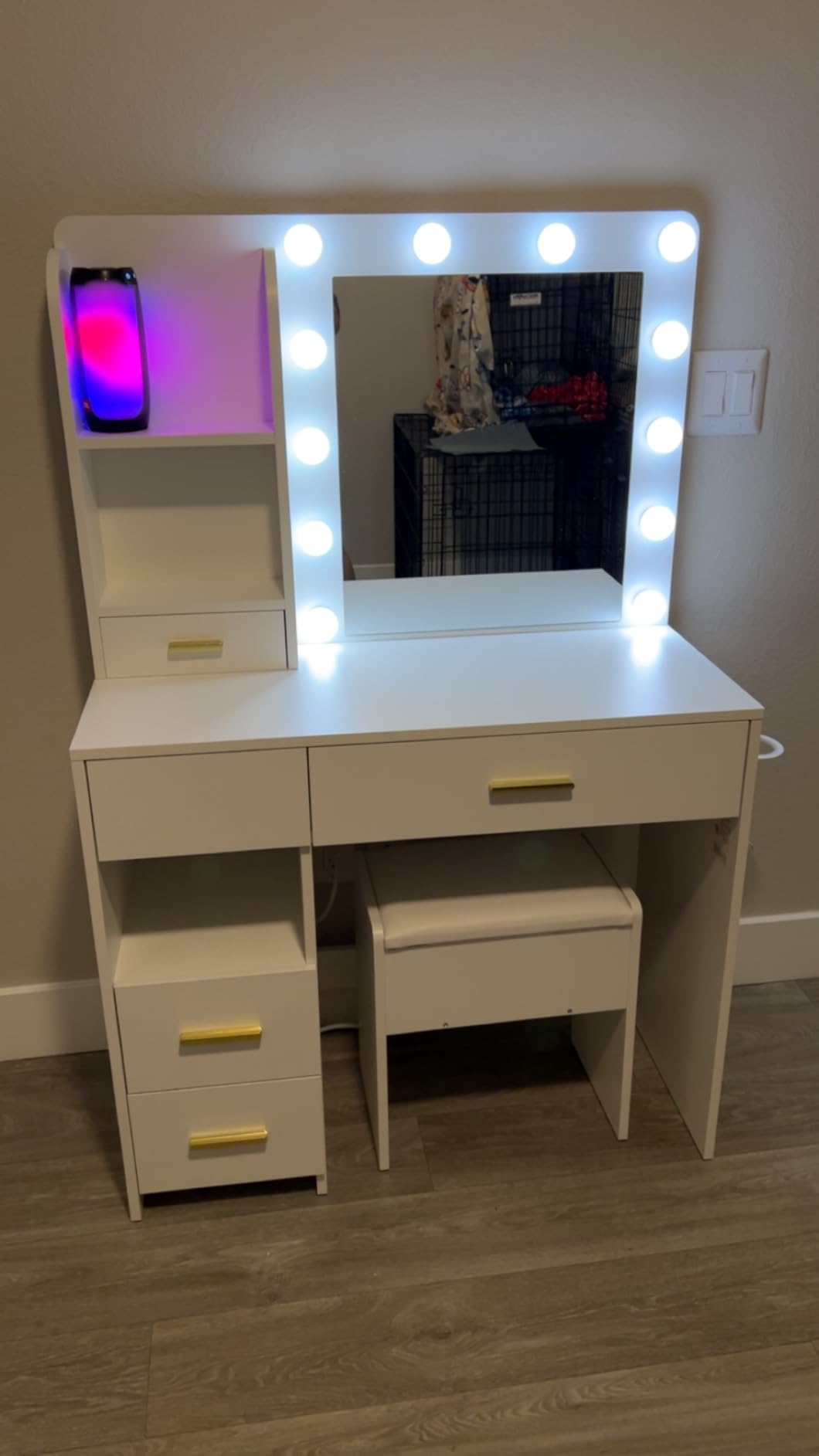 Otterease Vanity Desk with LED Lighted Mirror & Power Outlet, 3 Lighting Colors Makeup Vanity Desk with 5 Large Drawers and 3 Storage Shelves, White Vanity with Storage Stool for Bedroom customer photo 1