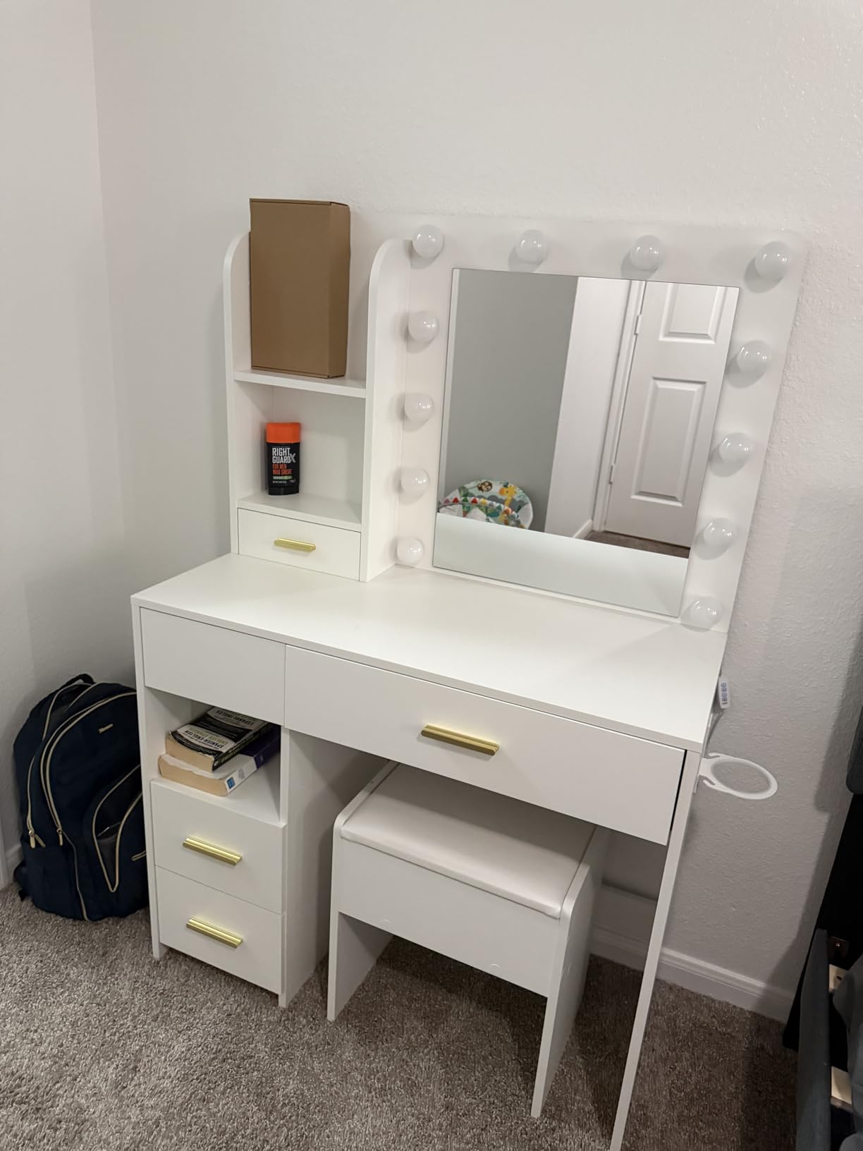 Otterease Vanity Desk with LED Lighted Mirror & Power Outlet, 3 Lighting Colors Makeup Vanity Desk with 5 Large Drawers and 3 Storage Shelves, White Vanity with Storage Stool for Bedroom customer photo 2
