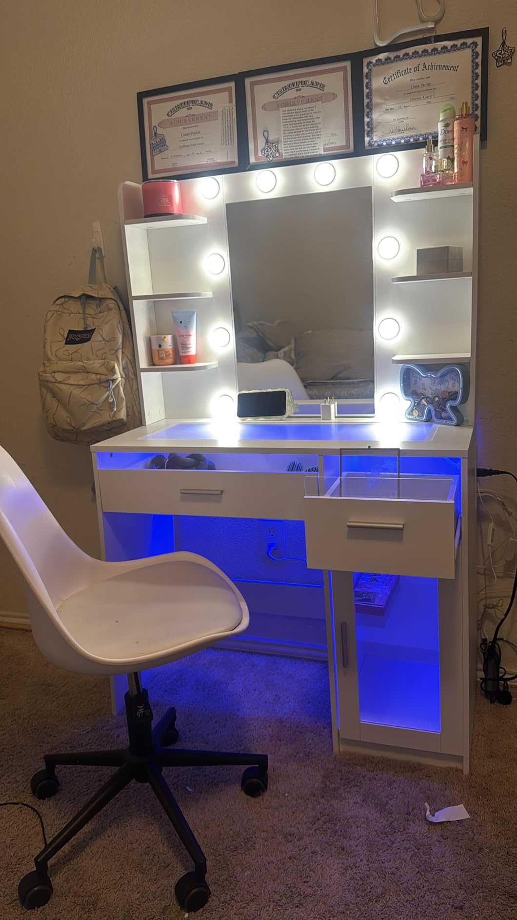 HUAHUU Vanity Desk with Mirror and Lights, Makeup Vanity Desk with Lights 3 Colors, Transparent Top Vanity with 2 RGB Drawers, 6 Shelves, Large Tempered Cabinet, Power Outlet, for Bedroom, White customer photo 1