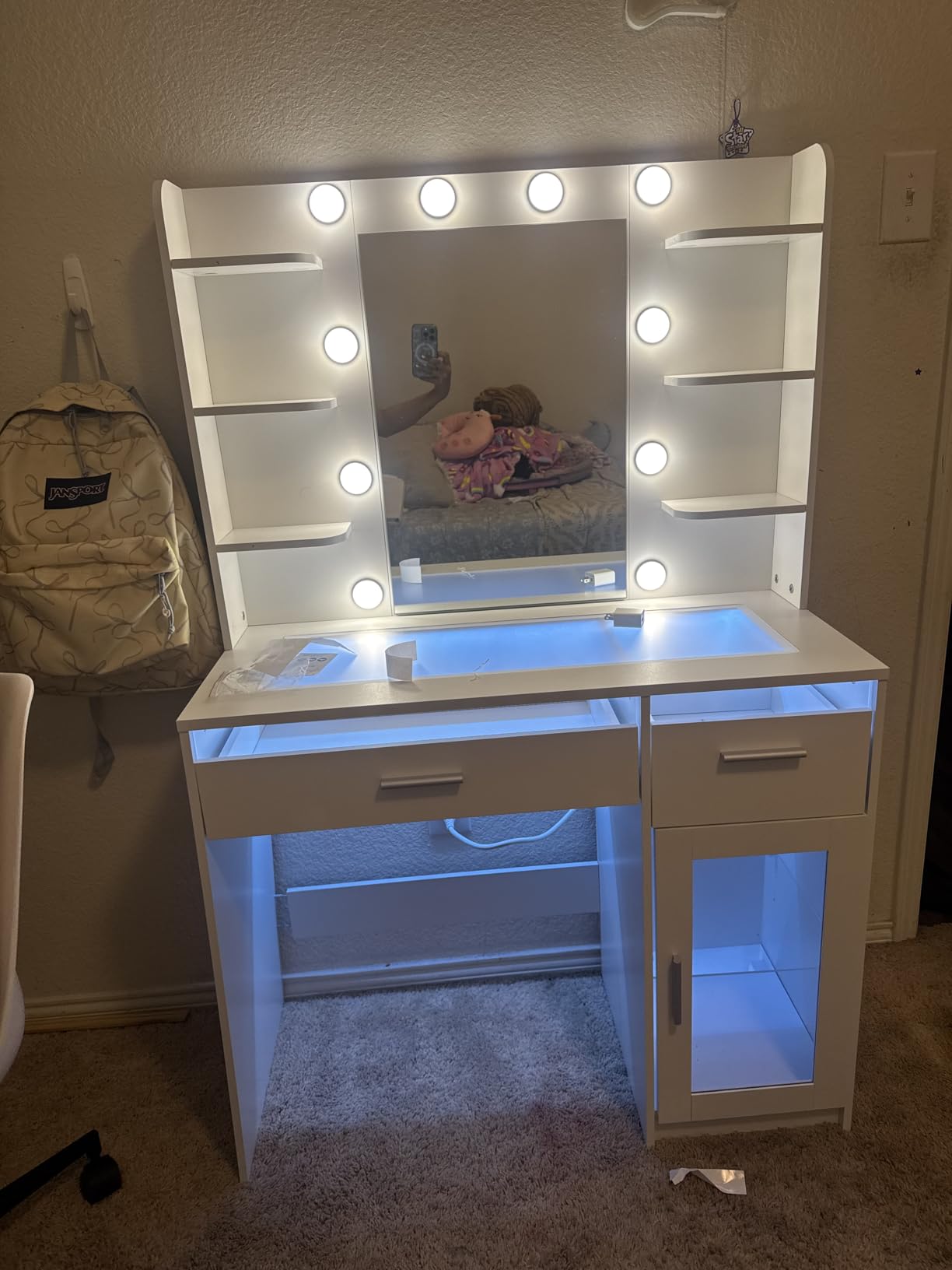 HUAHUU Vanity Desk with Mirror and Lights, Makeup Vanity Desk with Lights 3 Colors, Transparent Top Vanity with 2 RGB Drawers, 6 Shelves, Large Tempered Cabinet, Power Outlet, for Bedroom, White customer photo 2